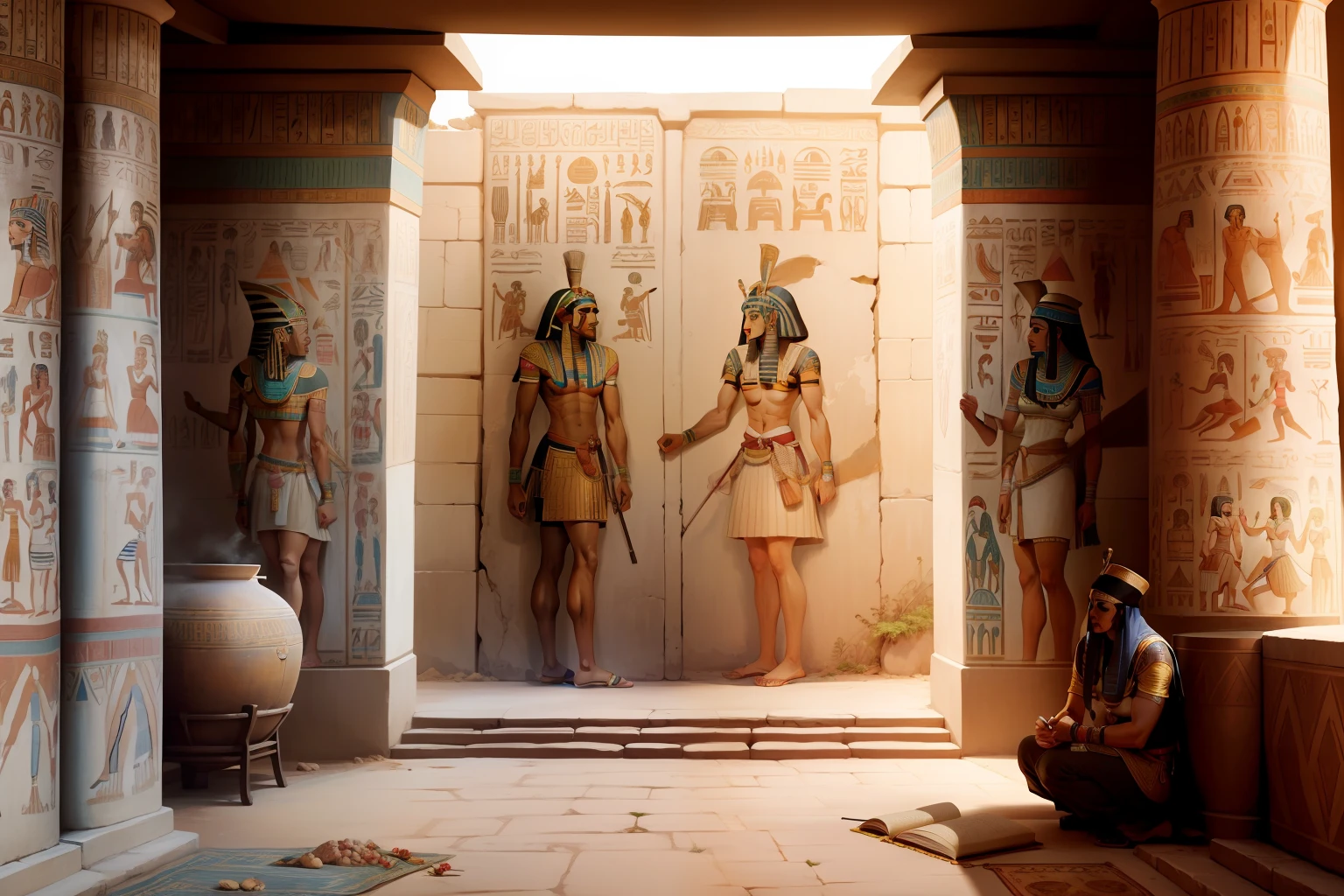 Mural, Images of the Book of the Dead, Ancient Egypt. Couple of man and woman in ancient Egyptian clothing and ancient agricultural scenes.