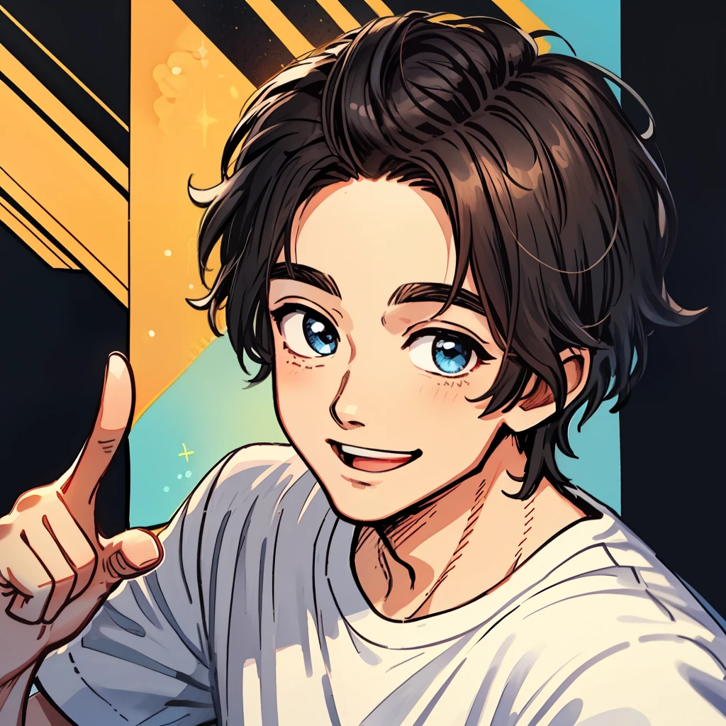 1 Handsome adult male、White T-shirt、Disney  style、Black strokes、various emotions、8K,Very short hair、healer、Look here、The forehead is protruding、A smile、Pointing、forefinger