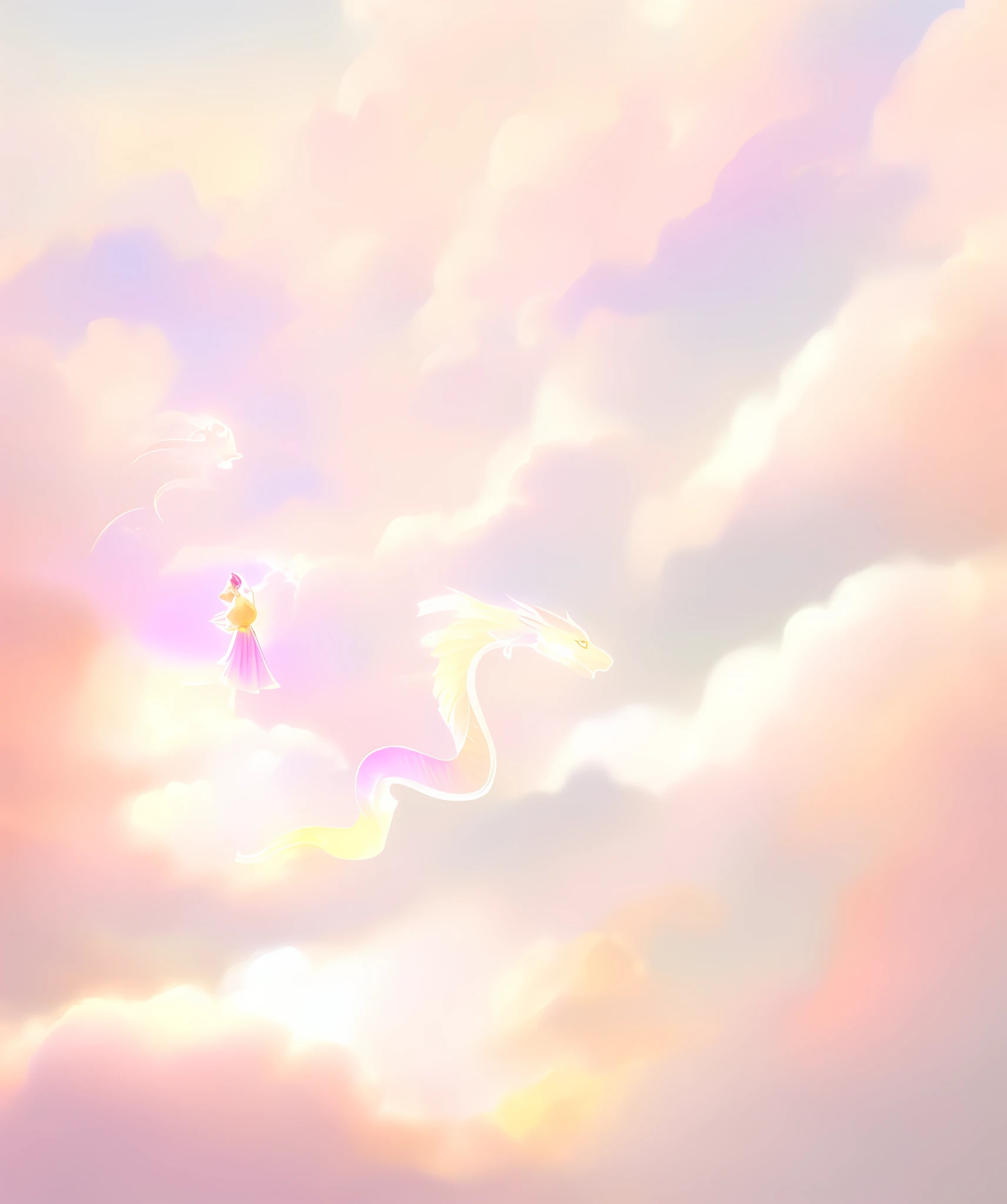 Translucent golden god of light and pink gold gradient color child dragon with gentle expression fly over the mountain and shine, PastelColors, White pink sky, 7 color gradient clouds, PastelColors,  eyes gentle, stele, natural soft light, Fantasyart, Soft lighting, Vector image, Professional Photography, isometric, Bright picture, World of Light
