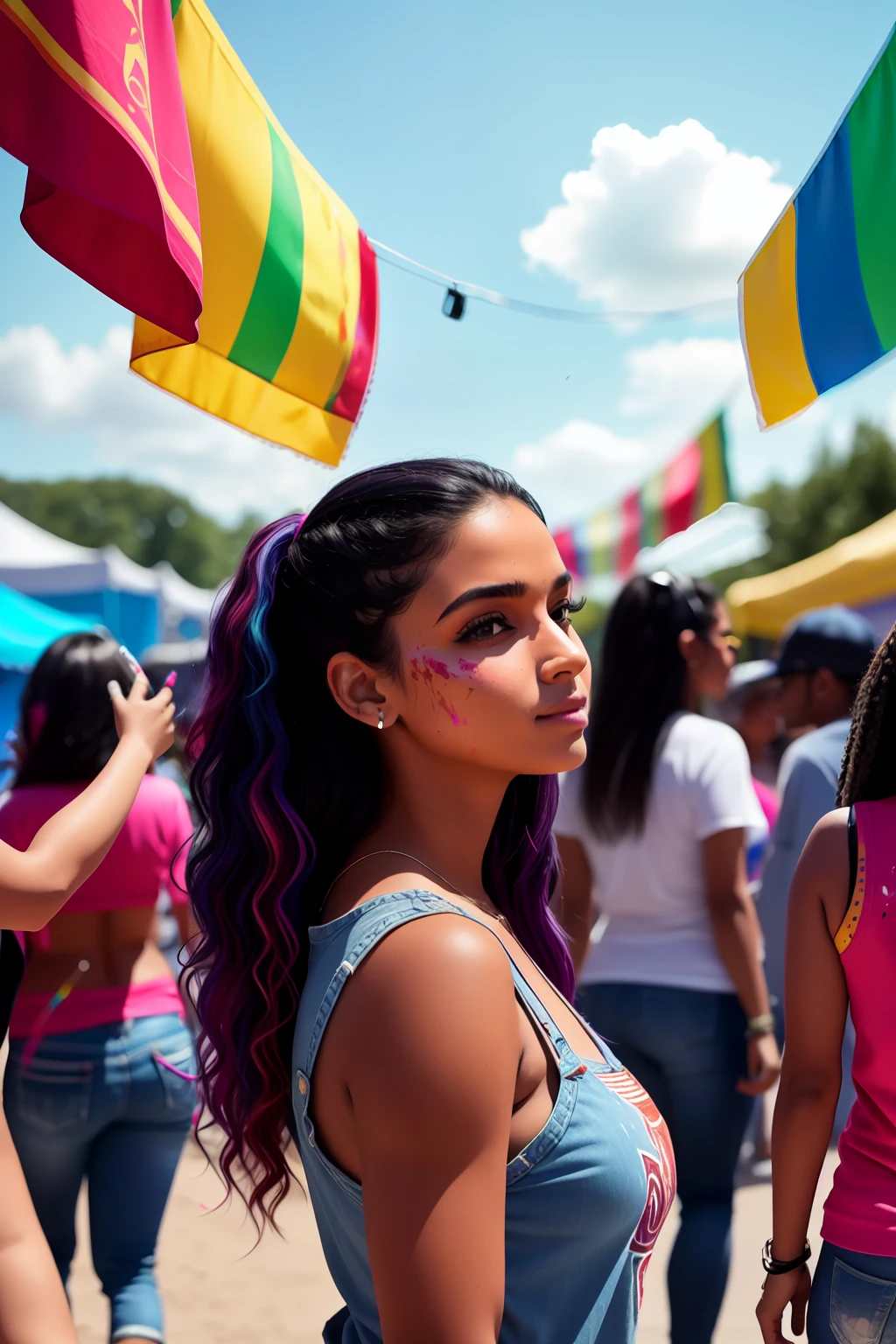 mulher Latina-americana, pele morena, roupas estilo streetwear curtas, Feliz, em um festival de cores, gotas de tinta, com vapores de tinta, with several people enjoying and participating in the festival throwing paint powder towards the sky, realista, intrincado, alto contraste, 8k, RTX, polido, no imperfections,
