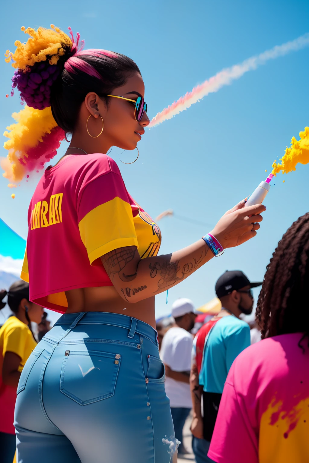 mulher Latina-americana, pele morena, roupas estilo streetwear curtas, Feliz, em um festival de cores, gotas de tinta, com vapores de tinta, with several people enjoying and participating in the festival throwing paint powder towards the sky, realista, intrincado, alto contraste, 8k, RTX, polido, no imperfections,