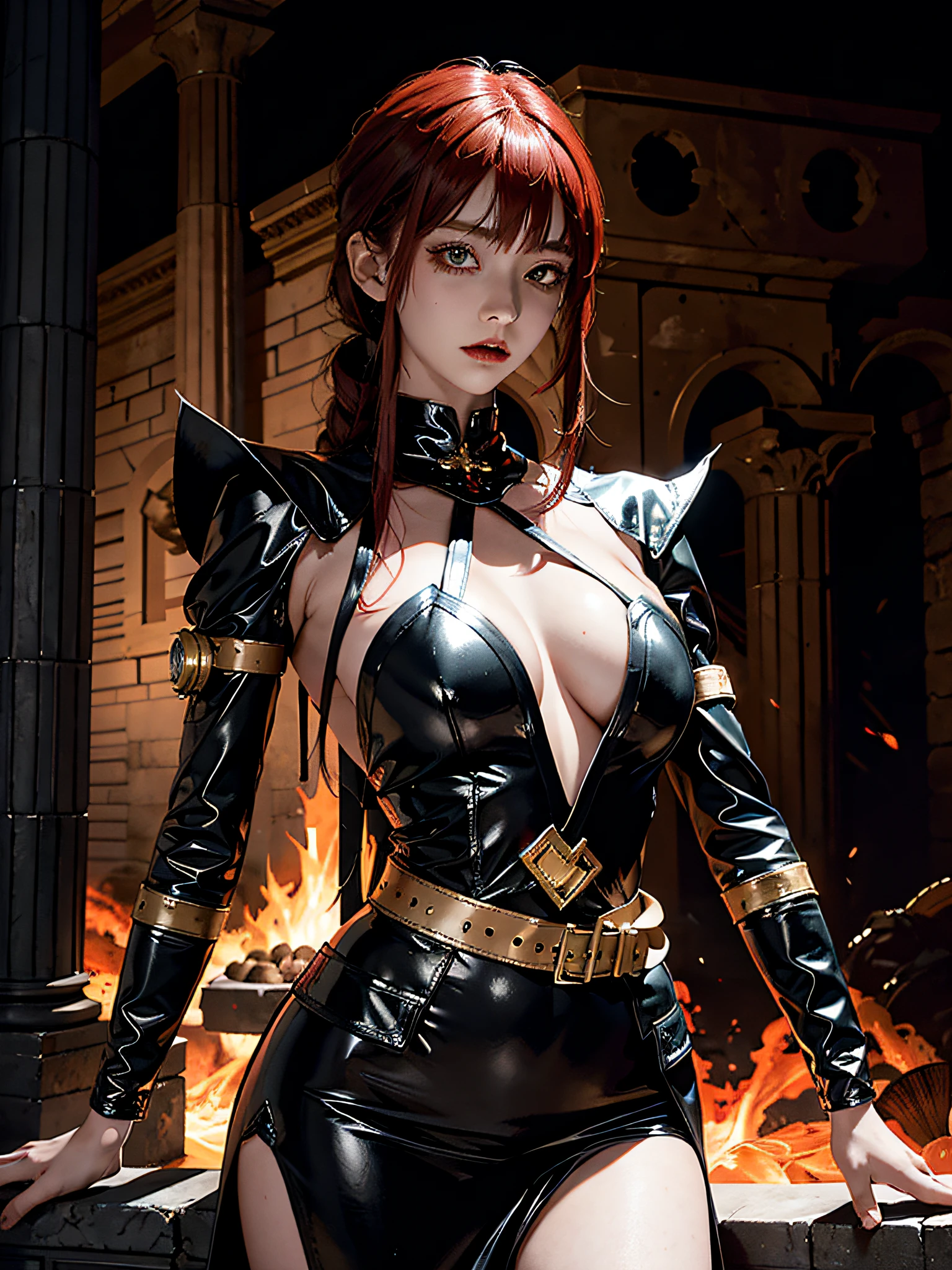a vampire female that can use fire with sharp looks and clam face, the background is old Roman building, dressing a Roman cloth Combined with cyber punk cloth, anime style with mid contrast of color,4k