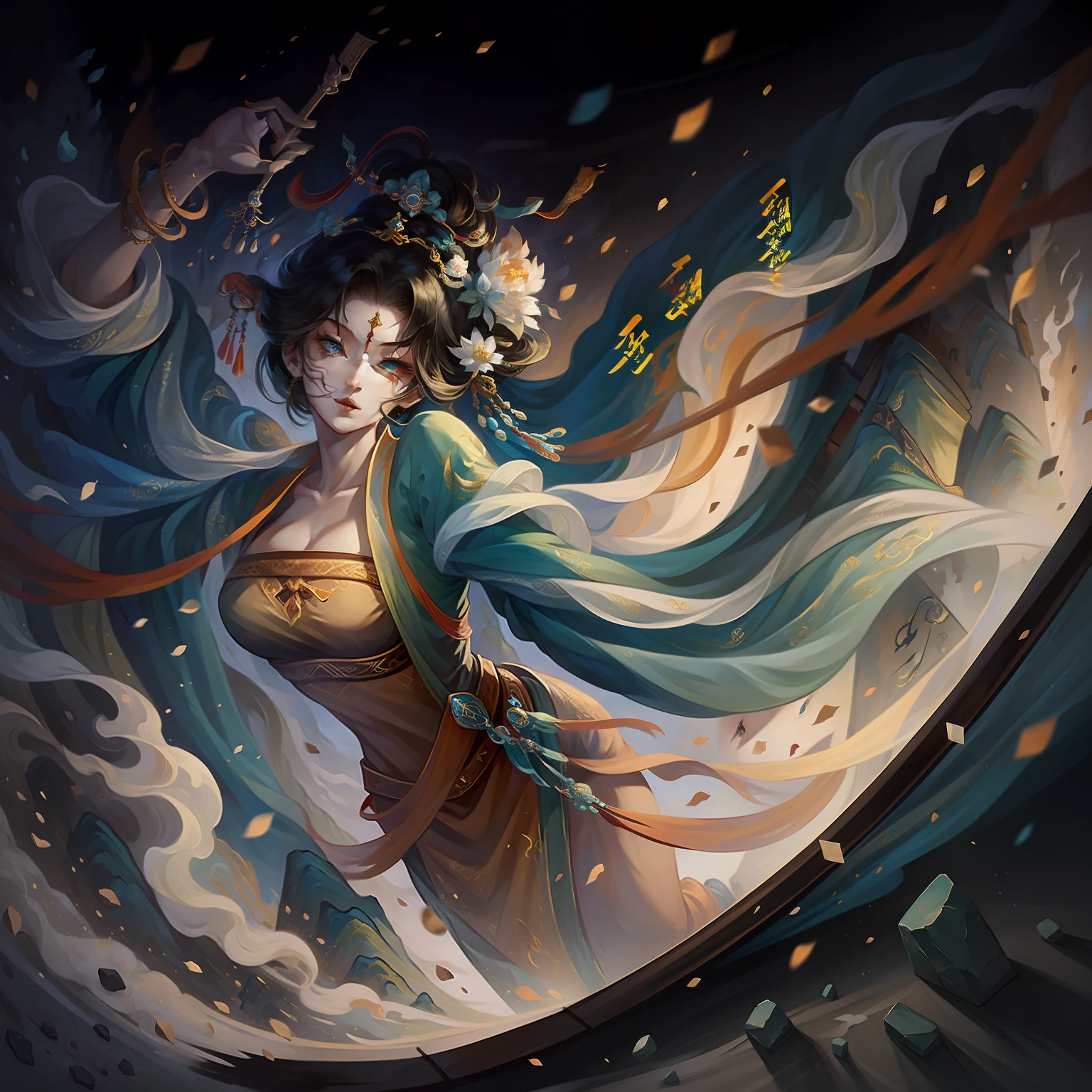 tmasterpiece,Excellent image quality,hyper HD,Dunhuang murals,one-girl,Wear Han and Tang costumes,Traditional Chinese cloth,Dynamic styling,Loose clothes,antigravity,closeup cleavage,Stone walls,wall paintings