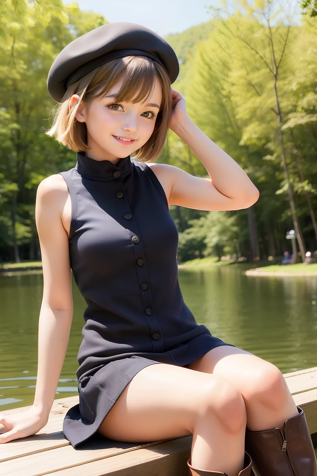 On a quiet forest lake, Sitting on the boat, Smiling, Young woman looking here, a miniskirt, sleeveless, short boots, short hair, beret