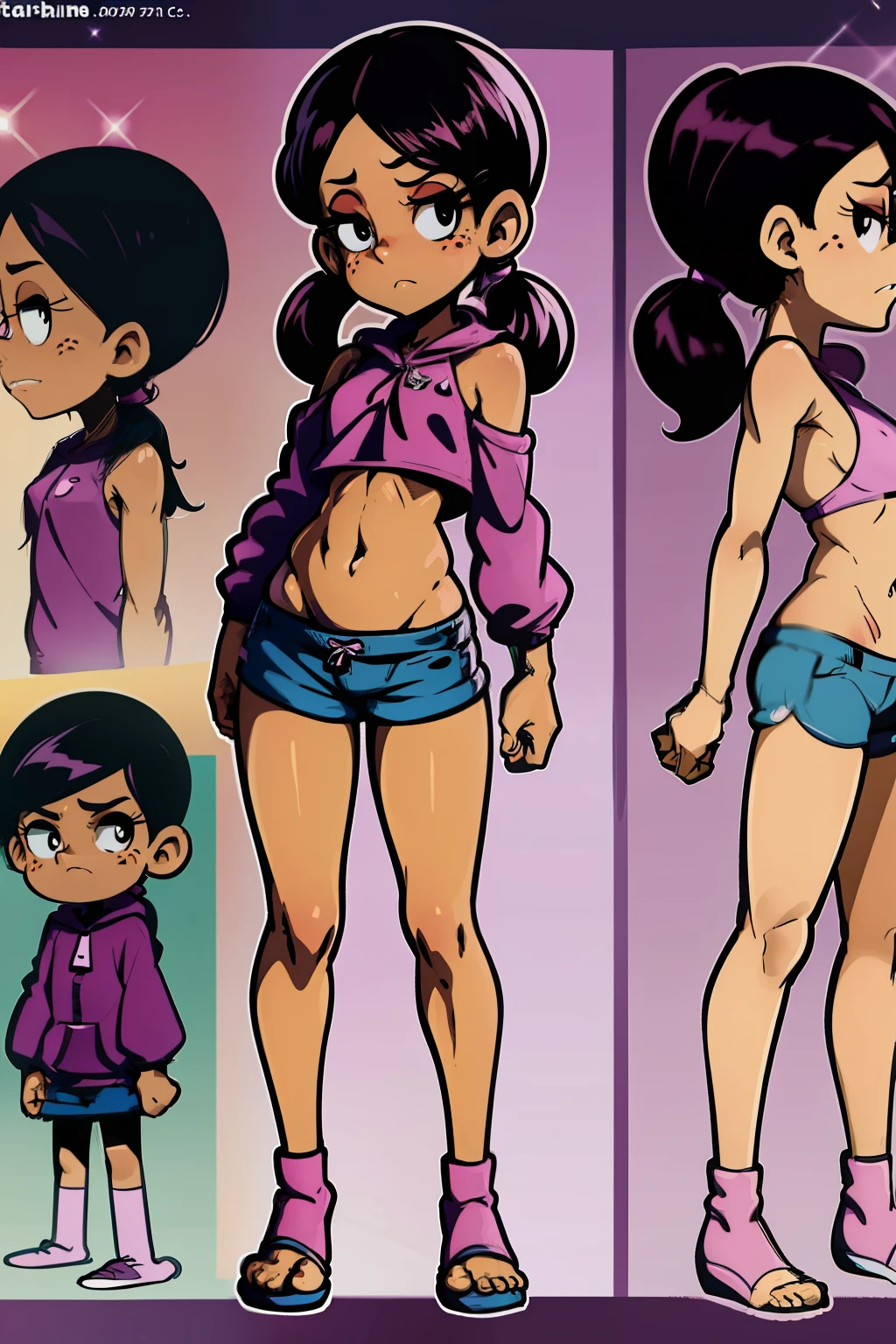 Ronnie Anne, purple hoodie, shorts, black eyes, ponytail, tanned skin, full body, (same character front, back, side view) cartoon-anime, bare arms, bare shoulders, bare stomach