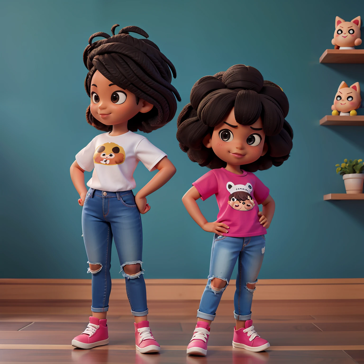 Chibi, uma boneca afro (((afro:0.43))), dos desenhos animados com uma camisa preta e jeans; black-skinned ren