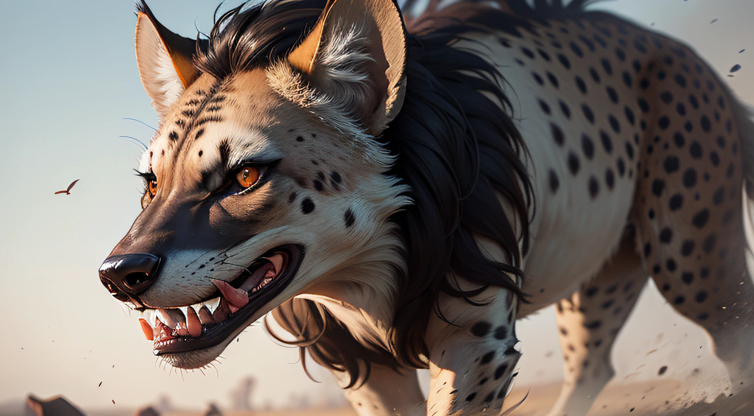 (extravagant brushwork + realistic rendering) hyenas in the savannah, angry face