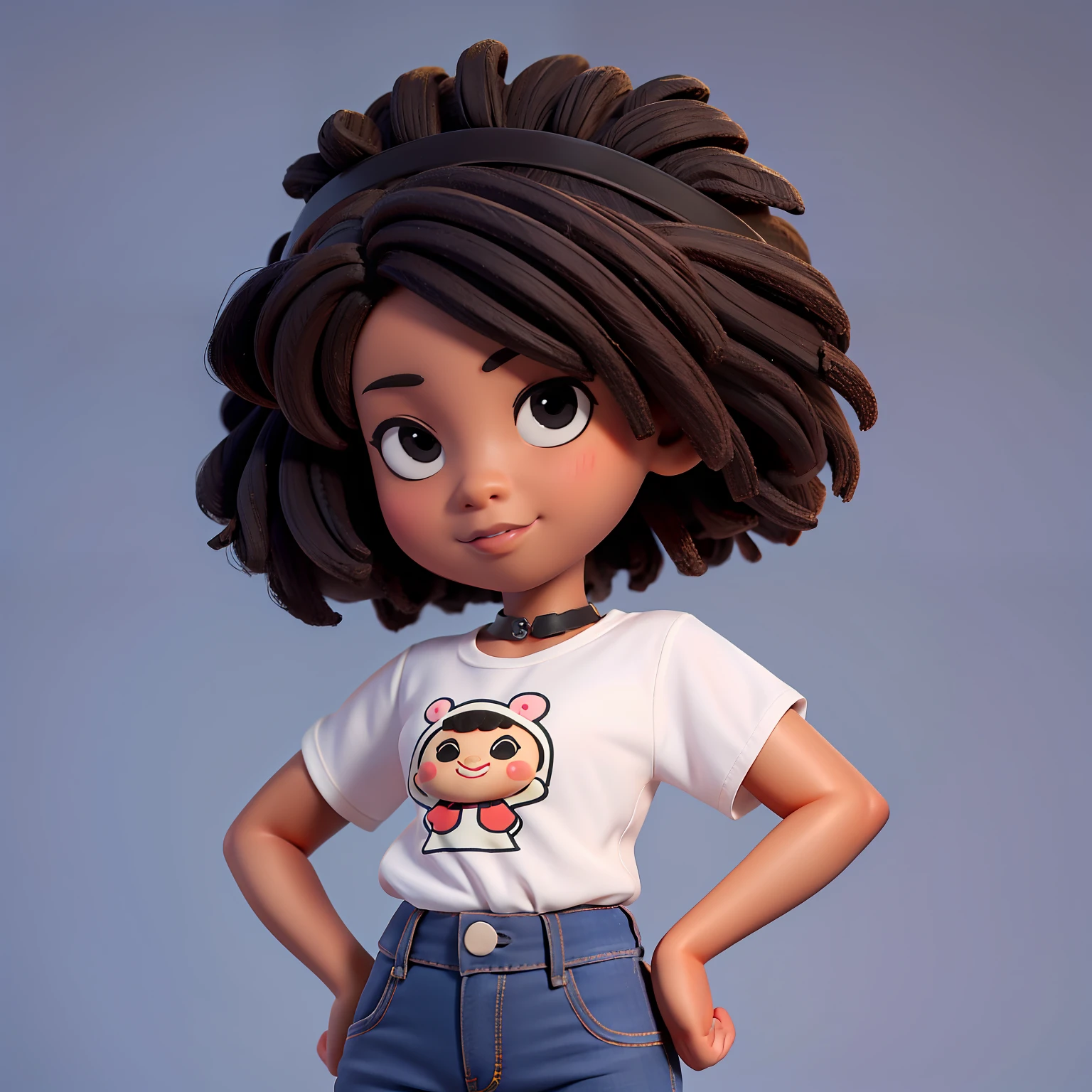 Chibi, uma boneca afro (((afro:0.43))), dos desenhos animados com uma camisa preta e jeans; black-skinned children