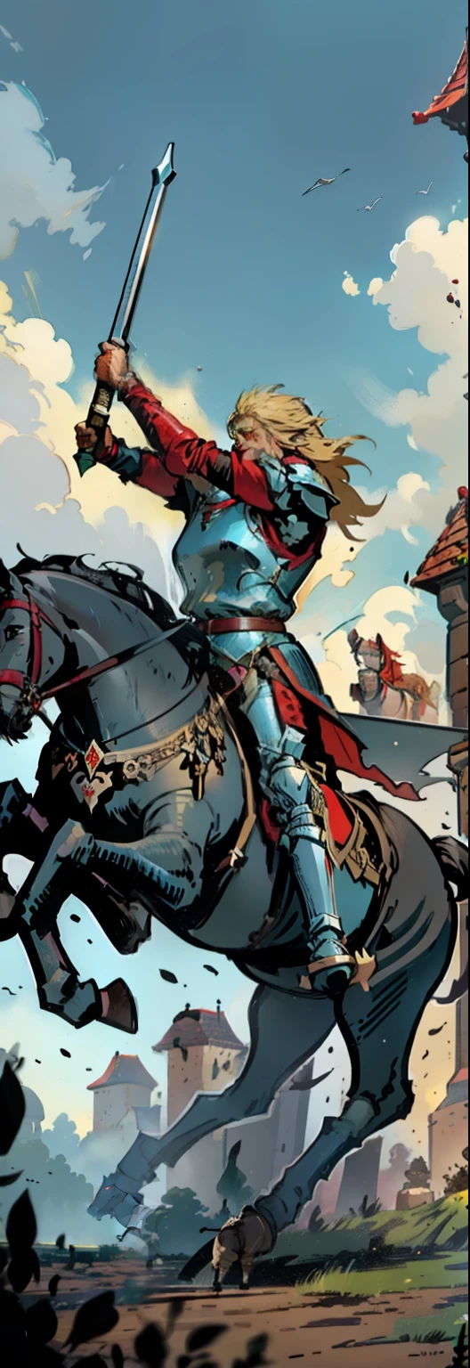 fantasy medieval illustration, male jousting knight, falling from the horse, holding a jousting spear, spitting blood, enemy over horse walking away, crowd applauding