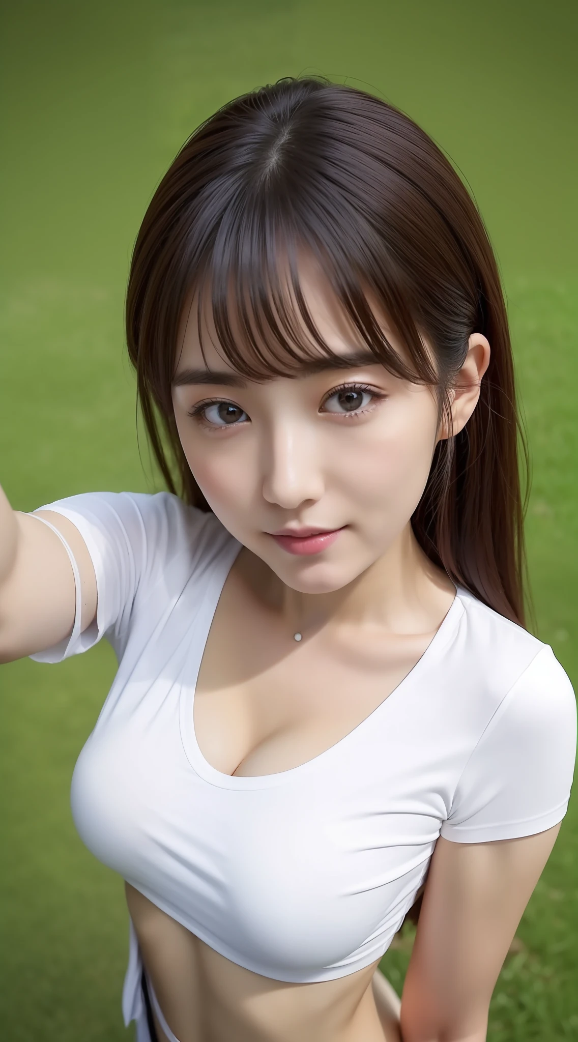 (((Top image quality、8K、1人の女性)))、(Beautuful Women、Beautie、kawaii、ren、japanes、The face is orderly、Breasts are big、Colossal tits)、((It looks like you're taking a selfie from above with your arms outstretched on your smartphone))、夏天、Sunnyday、Alone、Laughing、Wearing a short-sleeved T-shirt、Solo、Navel out、
