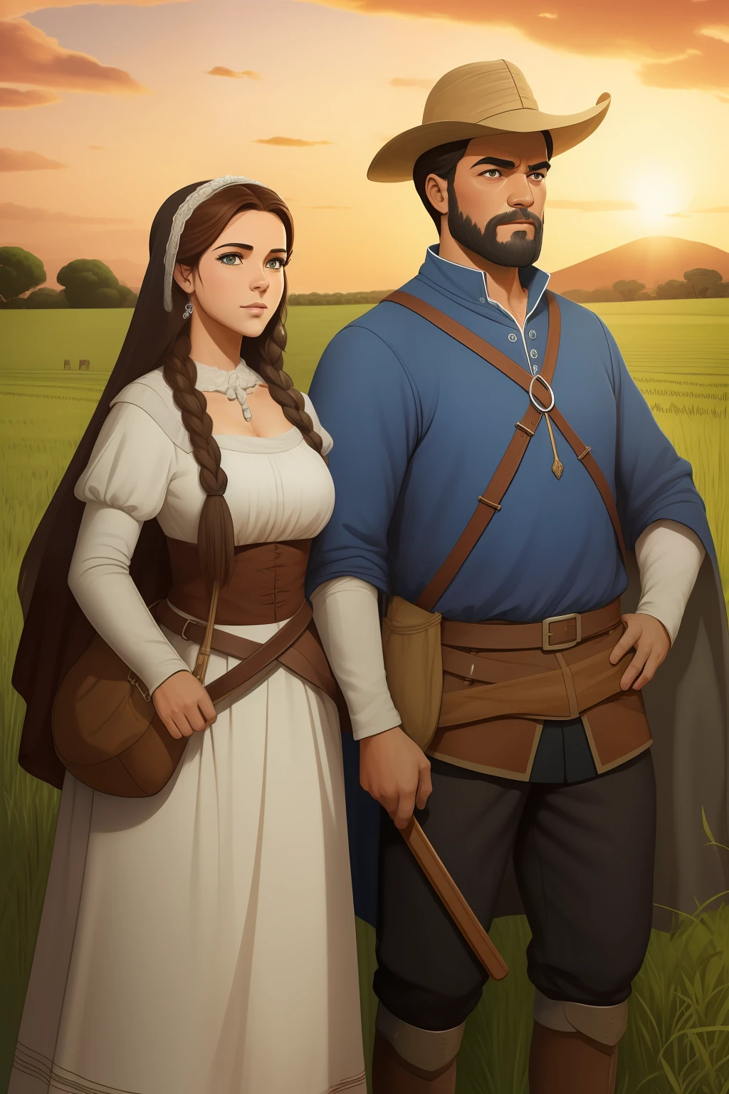 alto contraste, desenhos de linha limpa, CASAL, COMPÔNES, 2D, DESENHO ANIMADO, MEDIEVAL, AGRICULTOR.