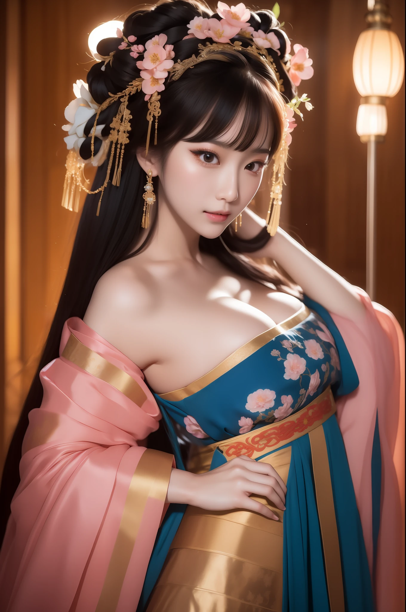 Master works, masterpieces, high quality, extreme detail, classical beauty, (1 female, 25 years-old), ((black long hair)), standing, (pure white loose Taoist robes), ((delicate face)), (best details), ((black eyes)), (golden Taoist headdress), ((golden Taoist headdress)), ( (black gloves), (long Taoist socking), sun, moon and stars background, full of light, peach blossoms