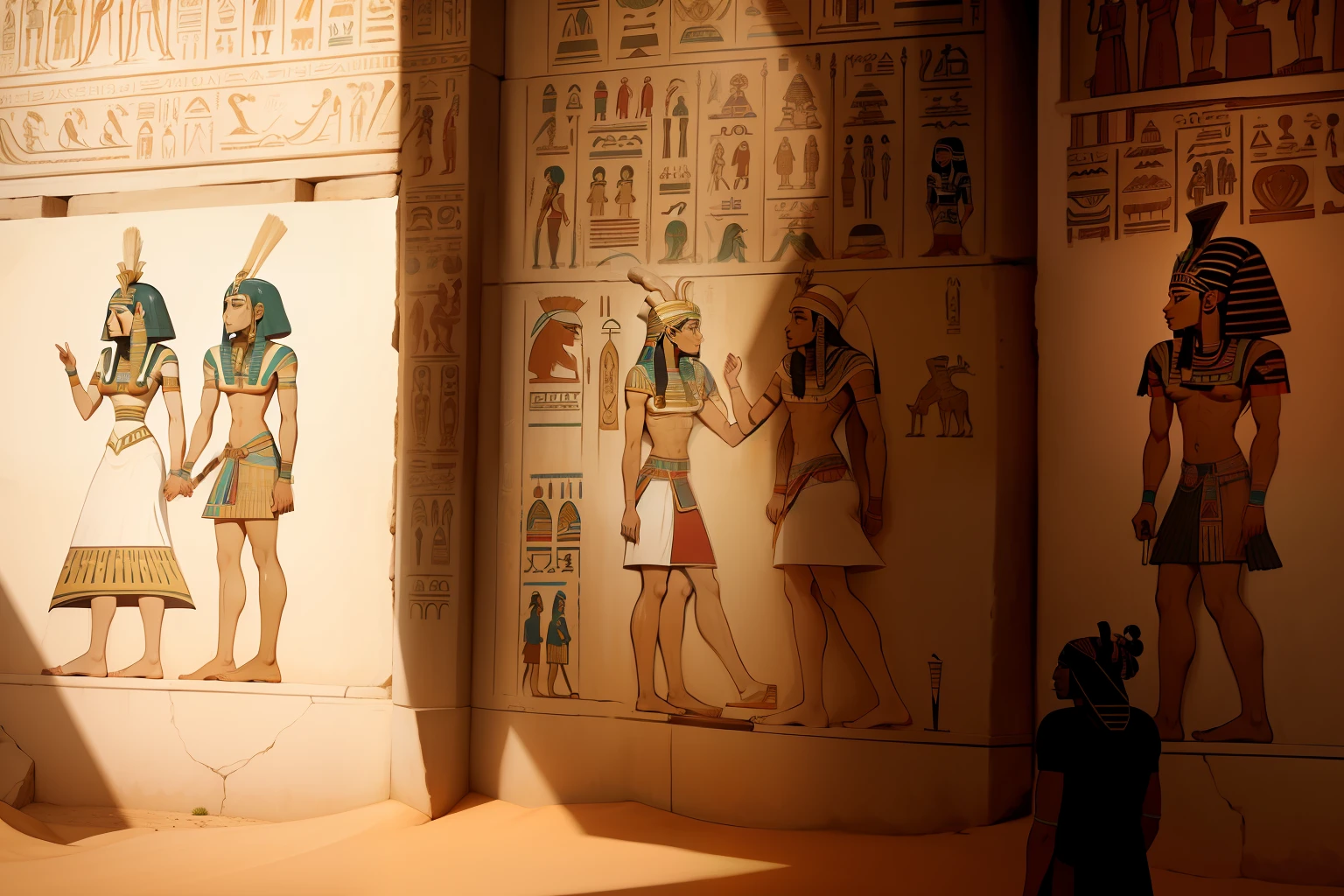 Mural, Images of the Book of the Dead, Ancient Egypt. Couple of man and woman in ancient Egyptian clothing and ancient agricultural scenes.