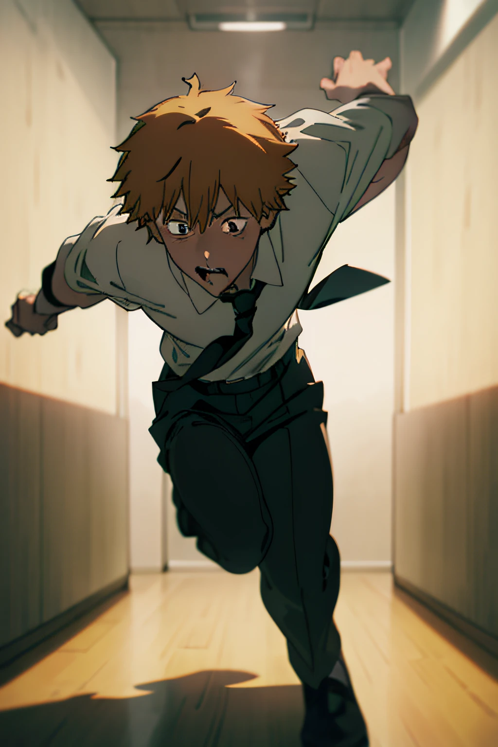 Denji rushing late for school, wearing a white shirt and a black tie, amidst a manga-inspired scene. The still image captures the essence of a fast-paced comic strip, brought to life through digital illustration. Reminiscent of the work of Masashi Kishimoto, the scene depicts Denji running with intense determination, his face exhibiting a mix of excitement and worry. The lighting emphasizes dynamic shadows and vibrant colors, enhancing the overall atmosphere of action and urgency. Color temperature leans towards warmer tones to heighten the energy of the moment. --v 5 --stylize 1000