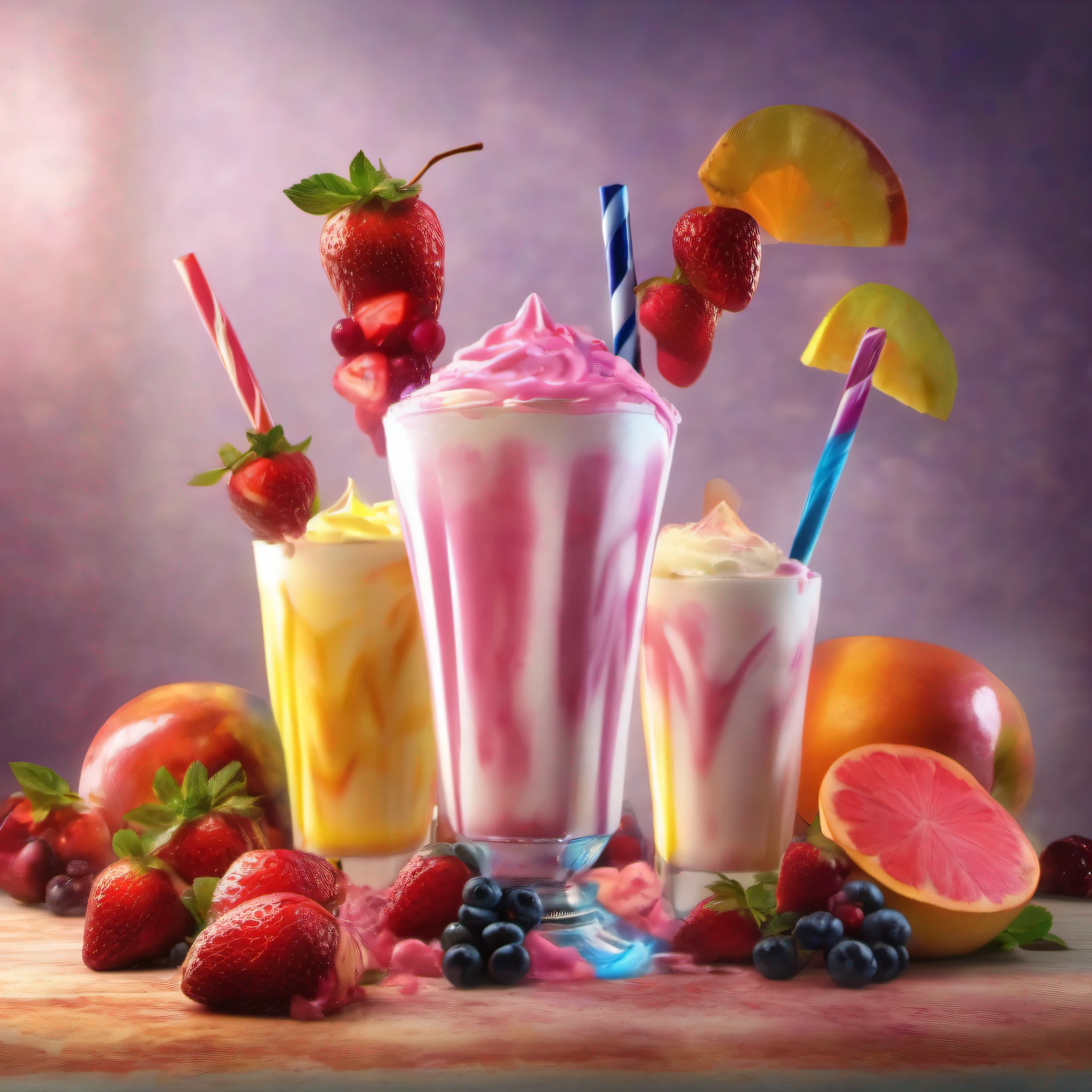 mixed fruit milkshake  hyper realistic, dramatic lighting