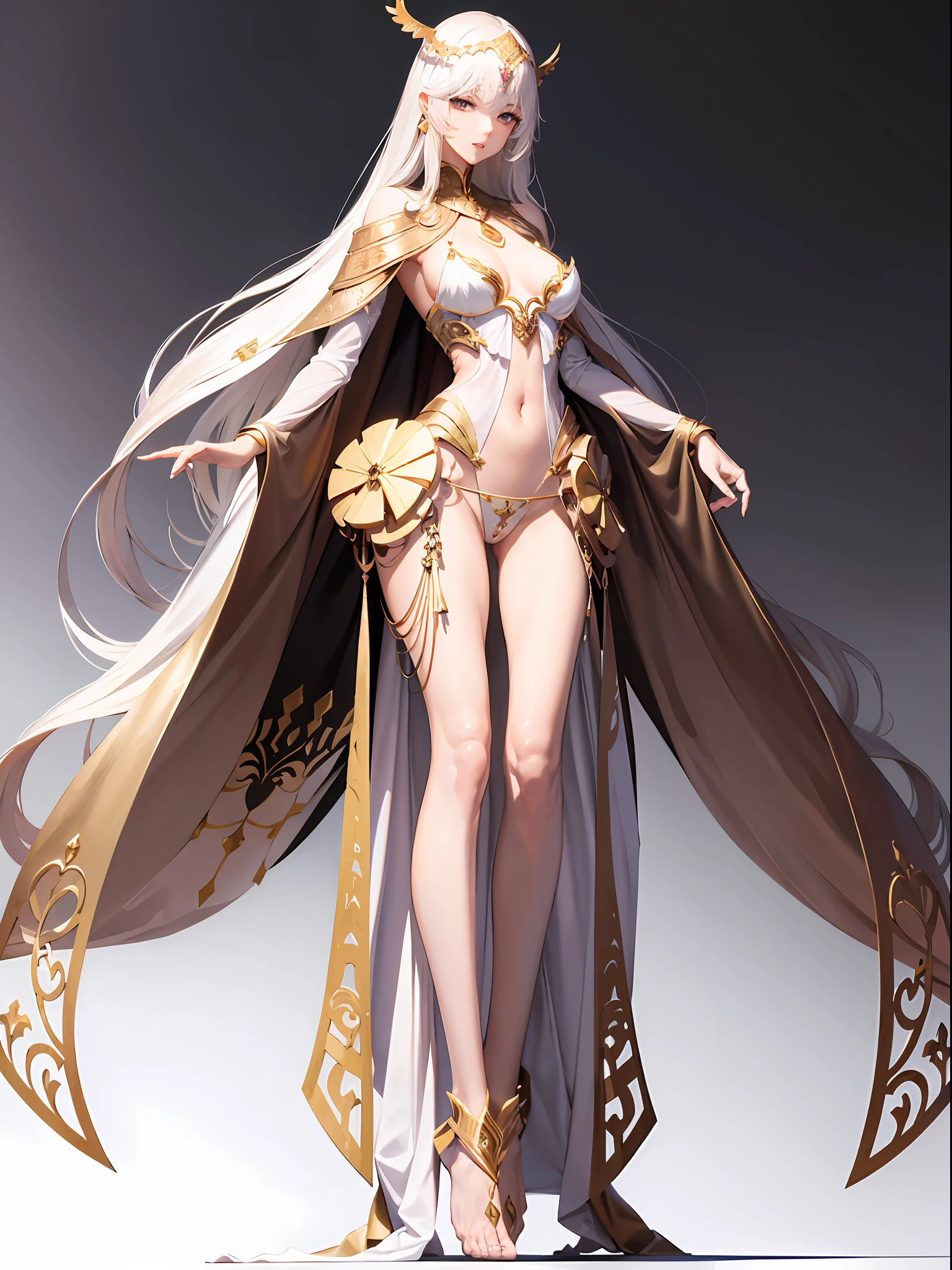 tmasterpiece，Beautiful goddess of the void，fully body pose，Gorgeous clothes with gold patterns，Full body white transparent bikini，Clear silk，Full-body standing，180cm tall，Slender legs，detail in face，Detailed body part details，8k wallpaper