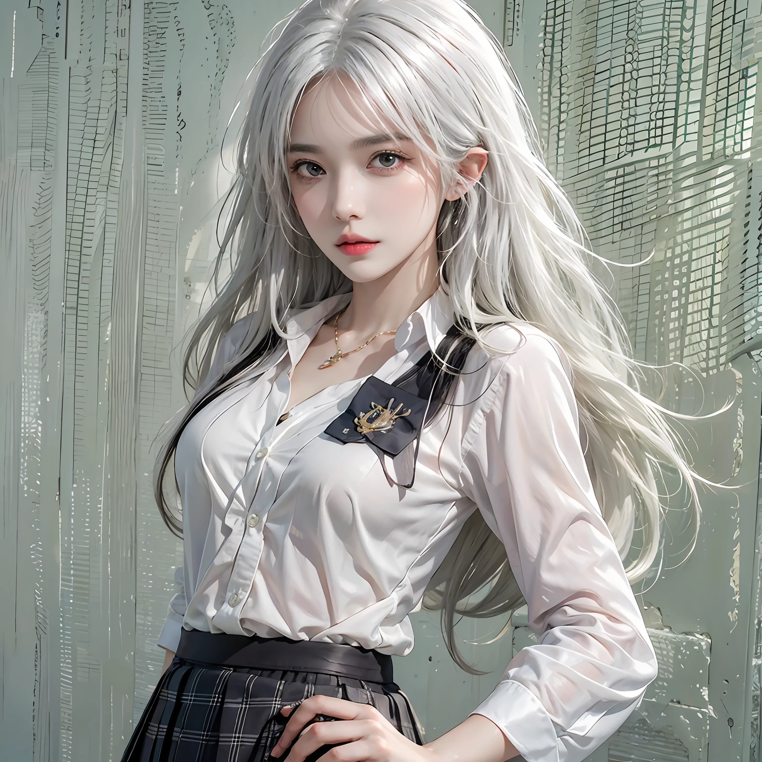 photorealistic, high resolution, 1women, solo, hips up, look at viewer, (detailed face), white hair, long hair, school uniform, skirt, jewelry