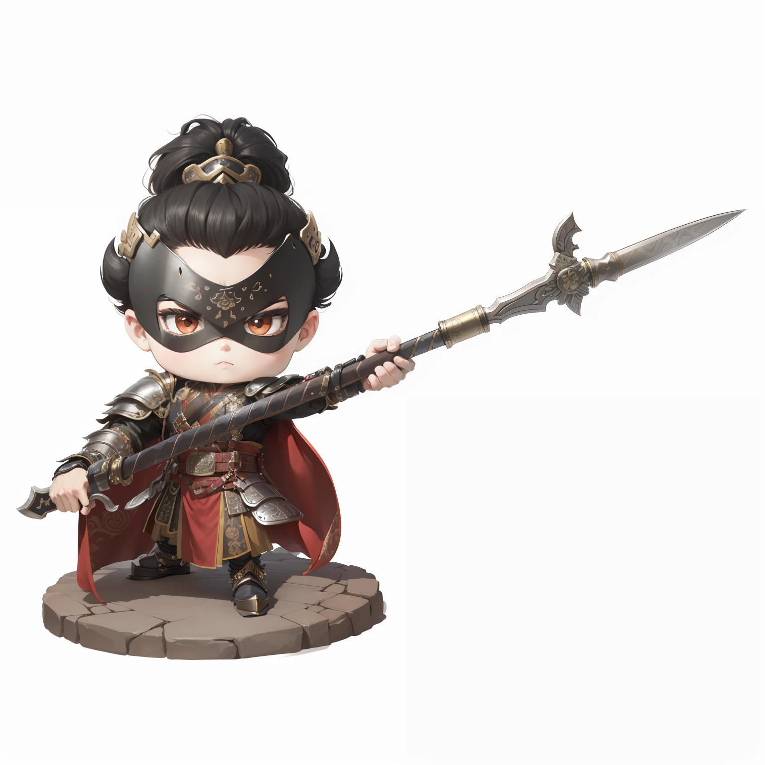 male people，Male characters，tchibi，Bad，Arms，Wu weapons，The handle has a delicate pattern，Shoulder blades，metal breastplate，chainmail，Animal pattern cuirass，chest plate，Bracers，Flowing hem，China-style，Chinese-style clothing，Chinese shoes，There are beautiful patterns on the weapon grips，Refinement，Fine painting，Refinement，infinite details，high definition detail，Delicate belt，Belt accessories，Male characters，Blindfolds，Black color hair，Patterned，Pattern，Blank background，Bright colors，Metal edging