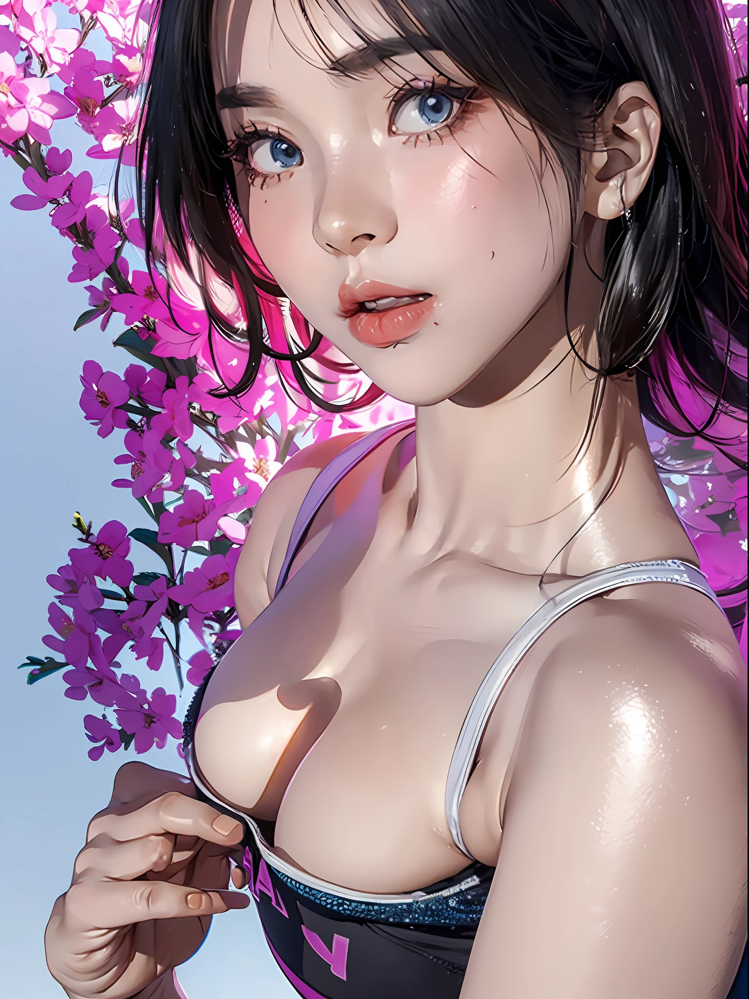 (), Big breasts, (Masterpiece), Delicate, Extremely detailed, (aquarelle), full bloom, Delicate beauty, illustration, (Bottom Up), (1girll:1.4), (Solo:1.2), Big breasts, (Tight yoga suit:1.3), Sportswear, (Panties: 1.2), No shoulder strap, (underbust: 1.2), (Dark skin: 0.8)), Beautiful eyes, (Fluffy hair), Photography, strapless photo, Alex Maleev, professional, Canon camera, Nikon camera, Sharp, Bokeh, Studio quality, fisheyelens, Robert Capa,