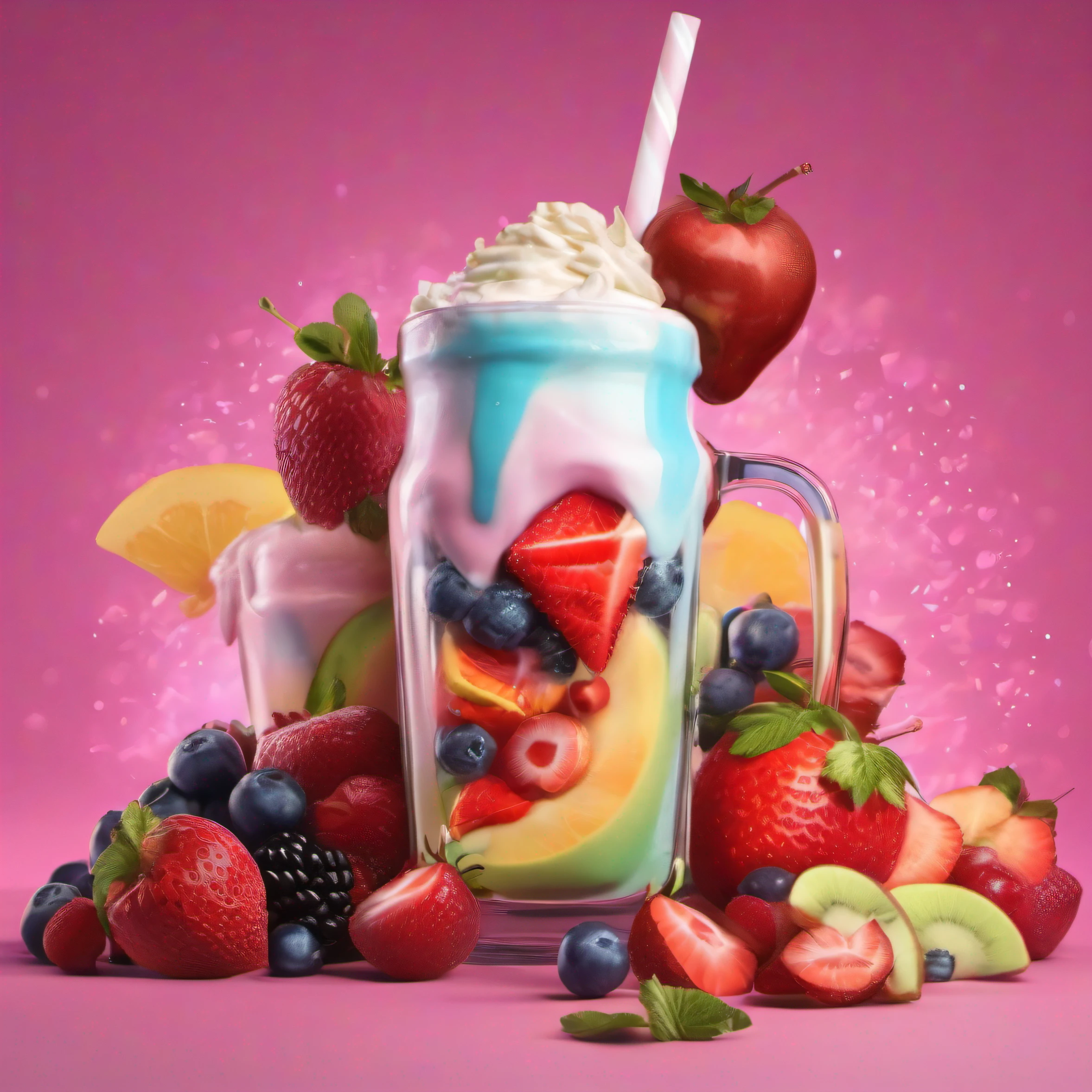 mixed fruit milkshake  hyper realistic, dramatic lighting