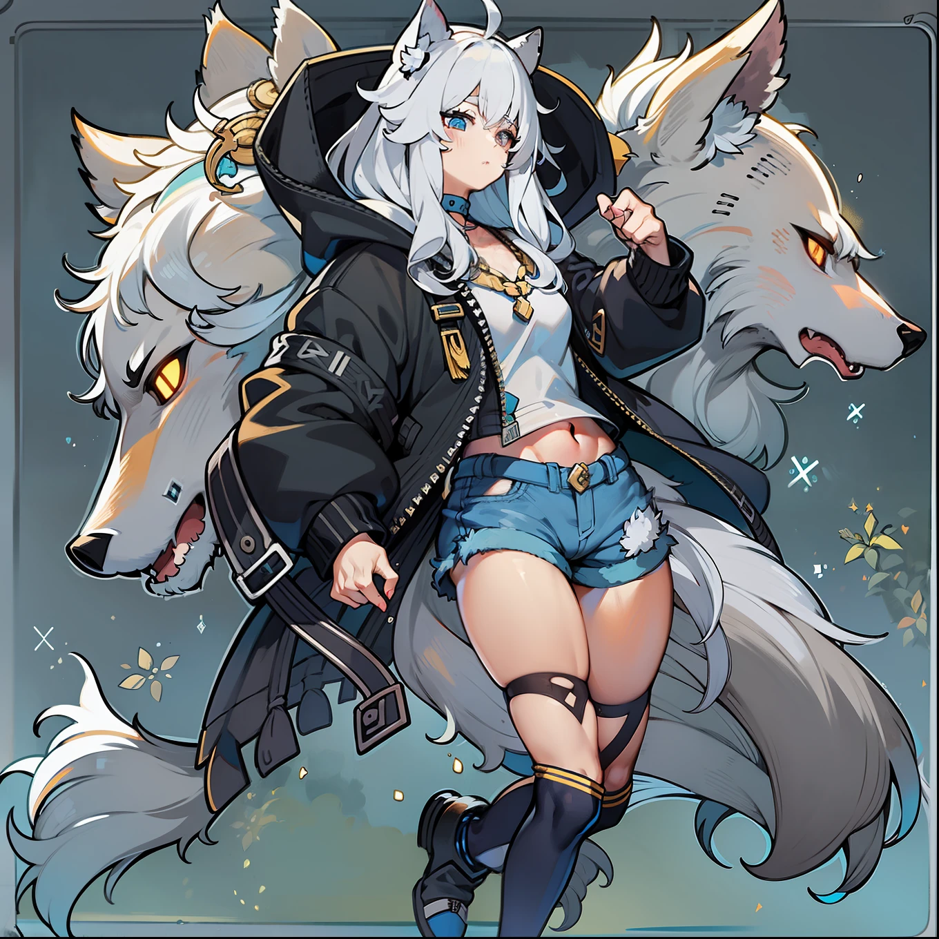 feminine male with long flowing white hair, has wolf ears, has wolf tail, wearing denim short shorts and a cropped black hoodie, thick thighs, wide hips, wearing thigh high socks, solo, alone, no wolves, showing belly, has glowing blue eyes, flat chested