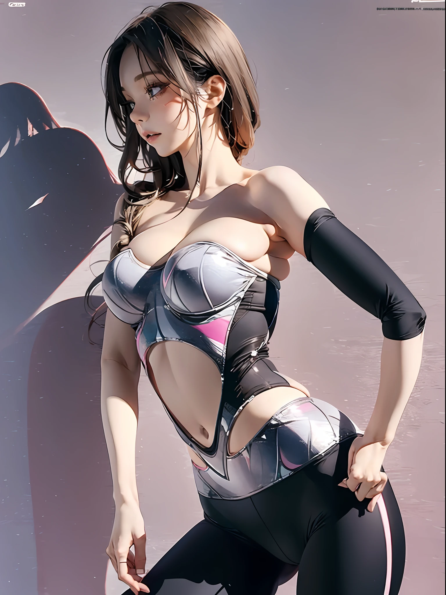 (), Big breasts, (Masterpiece), Delicate, Extremely detailed, (aquarelle), full bloom, Delicate beauty, illustration, (Bottom Up), (1girll:1.4), (Solo:1.2), Big breasts, (Tight yoga suit:1.3), Sportswear, (Panties: 1.2), No shoulder strap, (underbust: 1.2), (Dark skin: 0.8)), Beautiful eyes, (Fluffy hair), Photography, strapless photo, Alex Maleev, professional, Canon camera, Nikon camera, Sharp, Bokeh, Studio quality, fisheyelens, Robert Capa,