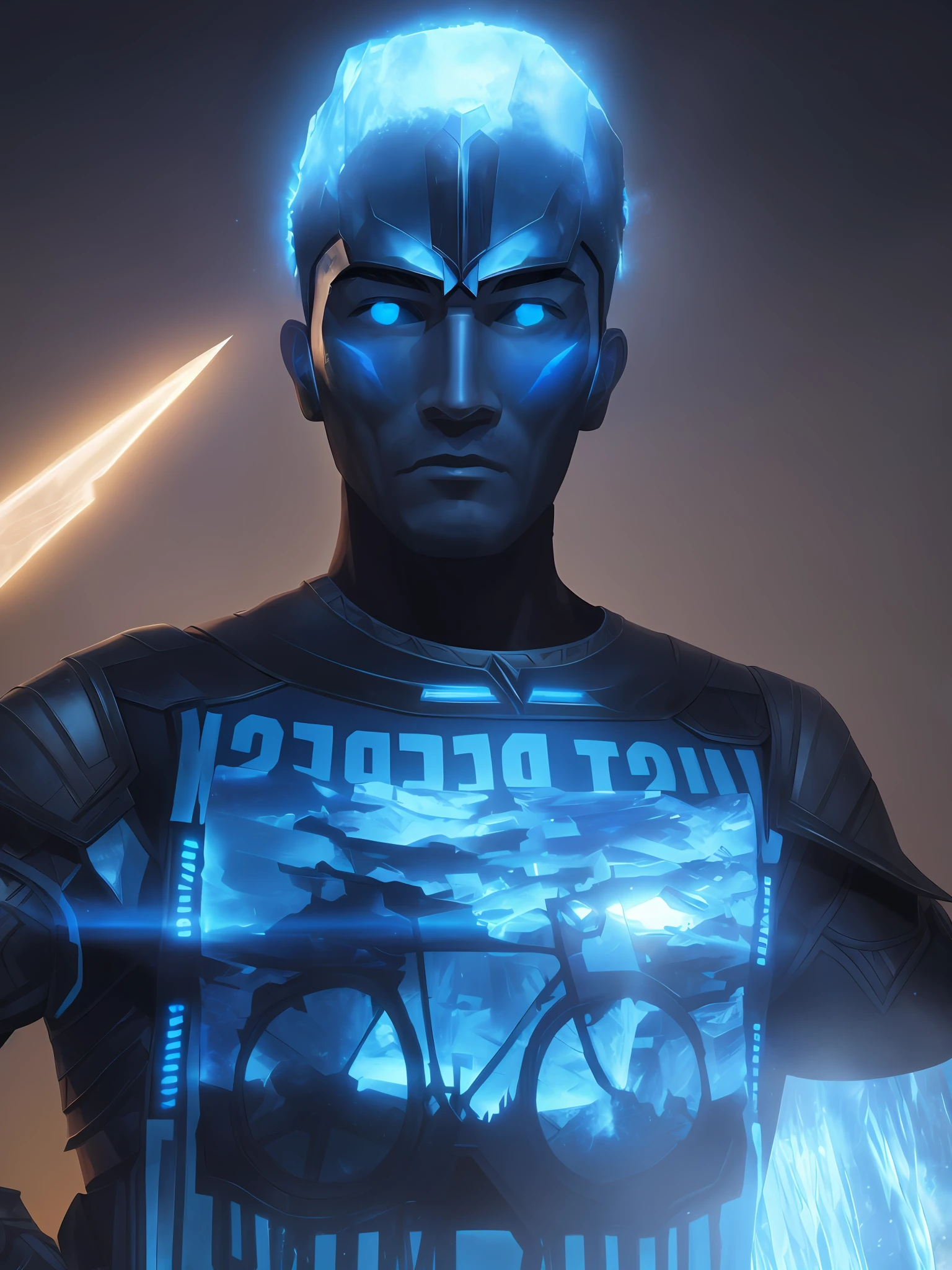 "Um homem usando uma armadura de gelo brilhante nas cores azul e prateado. The armor has ice crystals on the chest that emit a flickering light and are the source of energy. The man has his face uncovered and shows a determined expression. The armor has jets in the hands and feet that allow for flight and maneuvering. The armor also has several ice weapons, como rajadas congelantes, Sharp blades and protective shields. Inspirada no Homem de Gelo dos quadrinhos da Marvel, a hero who uses his icy power to fight evil."