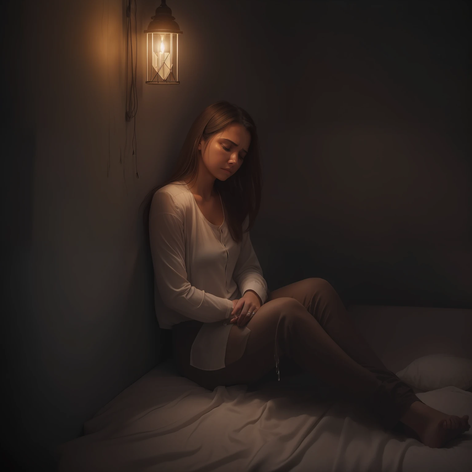 It's a Tuesday evening in early August. The bedroom is dimly lit by a single bedside lamp, casting a warm glow on the plain white walls. A young woman sits curled up in the corner of the room, knees pulled tight to her chest. Her long brown hair falls like a curtain around her face. She's been sitting there for hours, staring blankly at the wall, lost in her thoughts.
Inside her mind, she feels like she's screaming and crying out in anguish, but on the outside she remains still and silent. The pain and turmoil she feels internally remains locked away. She replays recent events over and over in her mind - the tense argument with her partner, the sharp words carelessly said. She thinks about the rejection and heartbreak she's experienced before in past relationships. She wonders if she'll ever find lasting love and connection.
As the night wears on, tears begin to slowly stream down her face. But she makes no move to wipe them away, letting the tears roll down her cheeks and drip onto her shirt. She wants so badly to release the storm of emotions raging within, but feels paralyzed. So she remains there, crying on the inside, sitting alone with her thoughts in the corner of the dark, quiet room