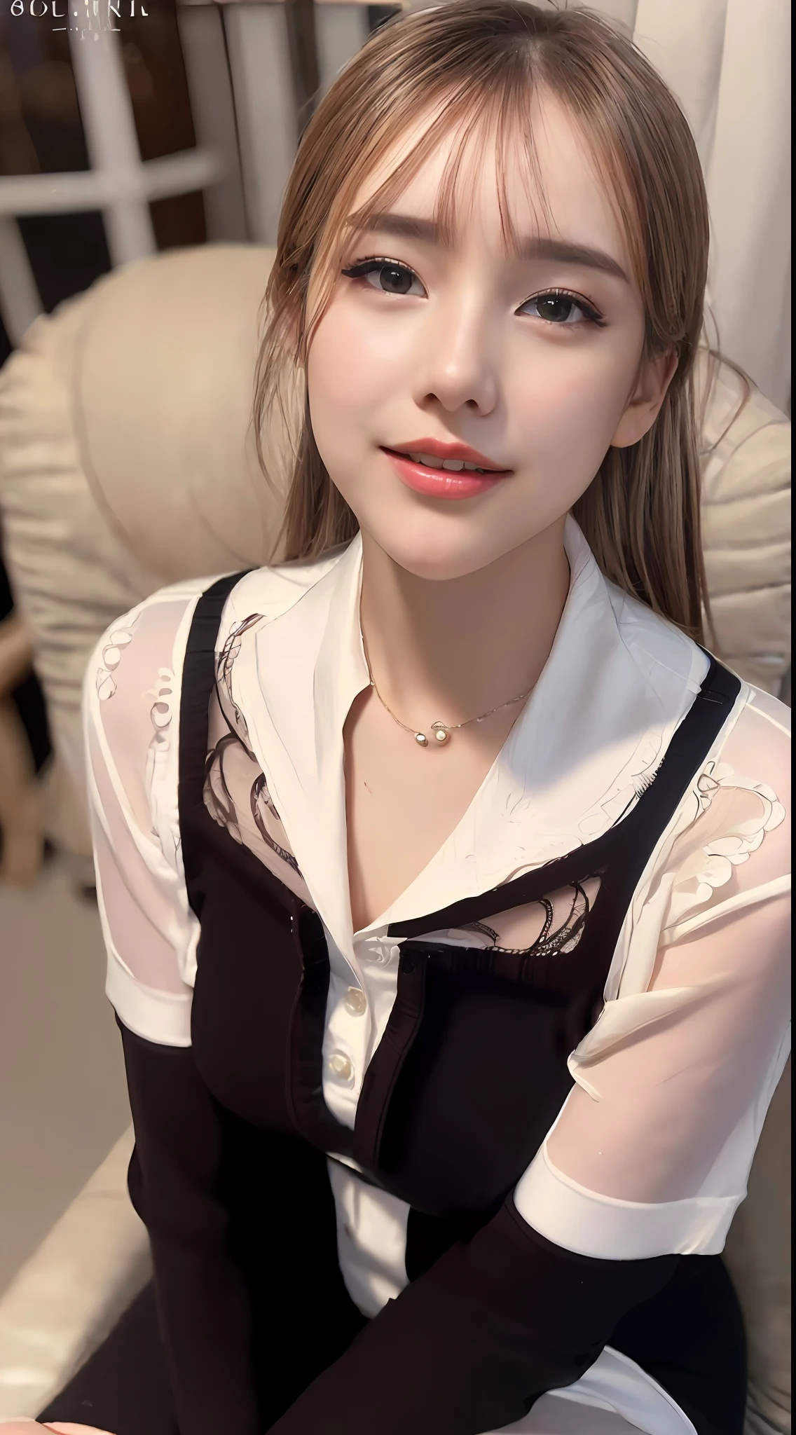 (8K, Best quality, Masterpiece:1.2), (Realistic, photo-realistic:1.37), Ultra-detailed, 1 girl,Solo,Beautiful detailed sky,Detailed Cafe,Night,Sitting,dated,(nose blush),(Smile:1.15),huge tit,Beautiful detailed eyes,(Collared shirt:1.4),Wet,Business attire, rain,White lace,Floating hair NovaFrogStyle,