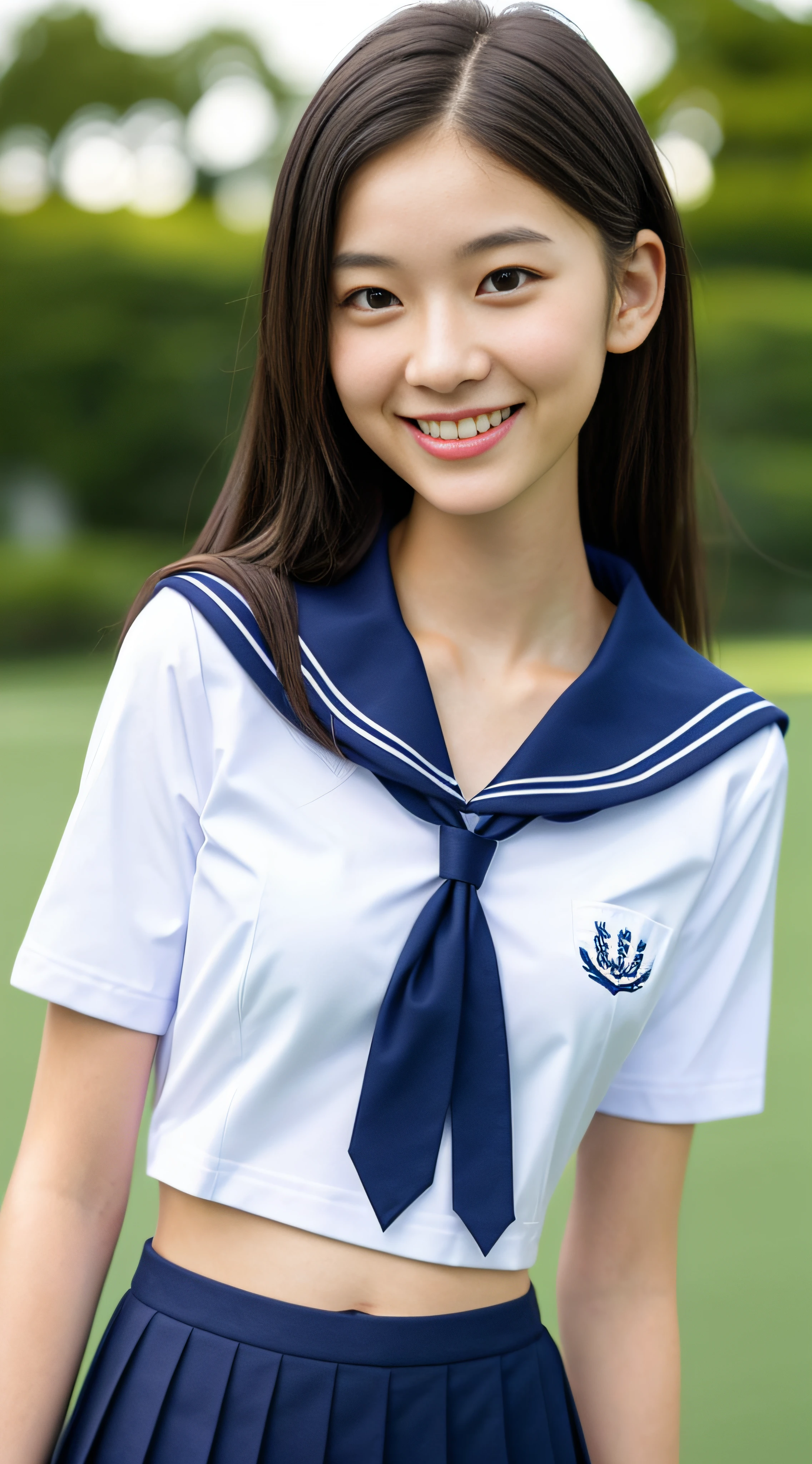 neat college girl, (school uniform, sailor uniform, ribbon tied at chest, summer clothes, upper body white, skirt dark blue, short sleeves), outside the athletic field, (slim), photorealistic, detail, skin texture, ultra detail, delicate and sexy collarbone, smile, super detailed face, detailed lips, detailed eyes, double eyelids, small breasts, small breasts, small, flat breasts, breast emphasis