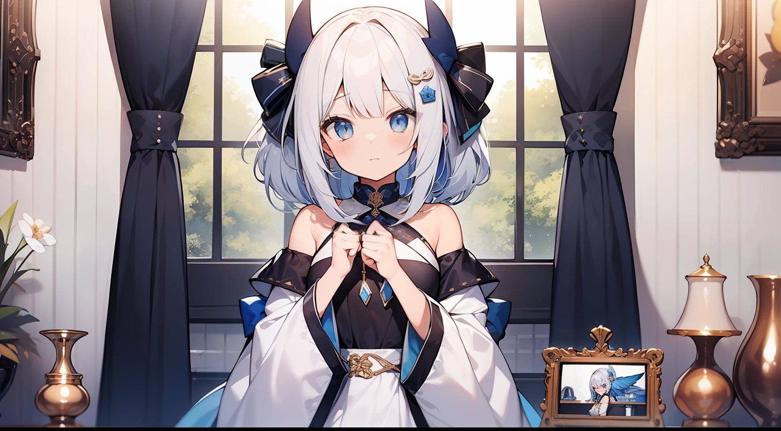 Blue Inner Color、One girl、white hair、Medium Hair、Twin-tailed、Angel Wing Hair Ornament、masterpiece、top-quality、Top image quality、cute little、Idol Costumes、Shoulder-length clothing、Moe Sleeve、Rough picture frame、white backgrounid、