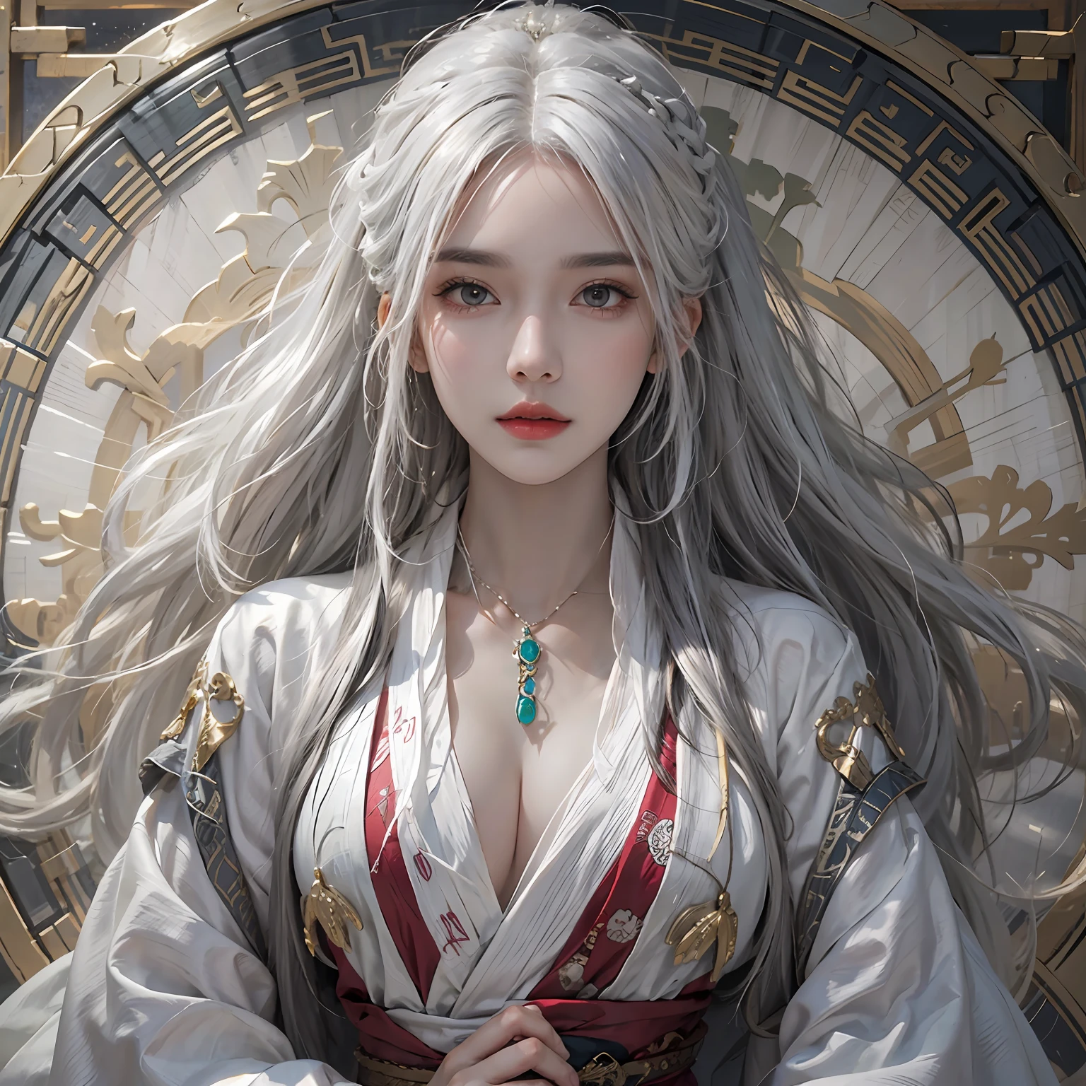 photorealistic, high resolution, 1women, solo, hips up, look at viewer, (detailed face), white hair, long hair, Taoist robe,oversized clothes, jewelry