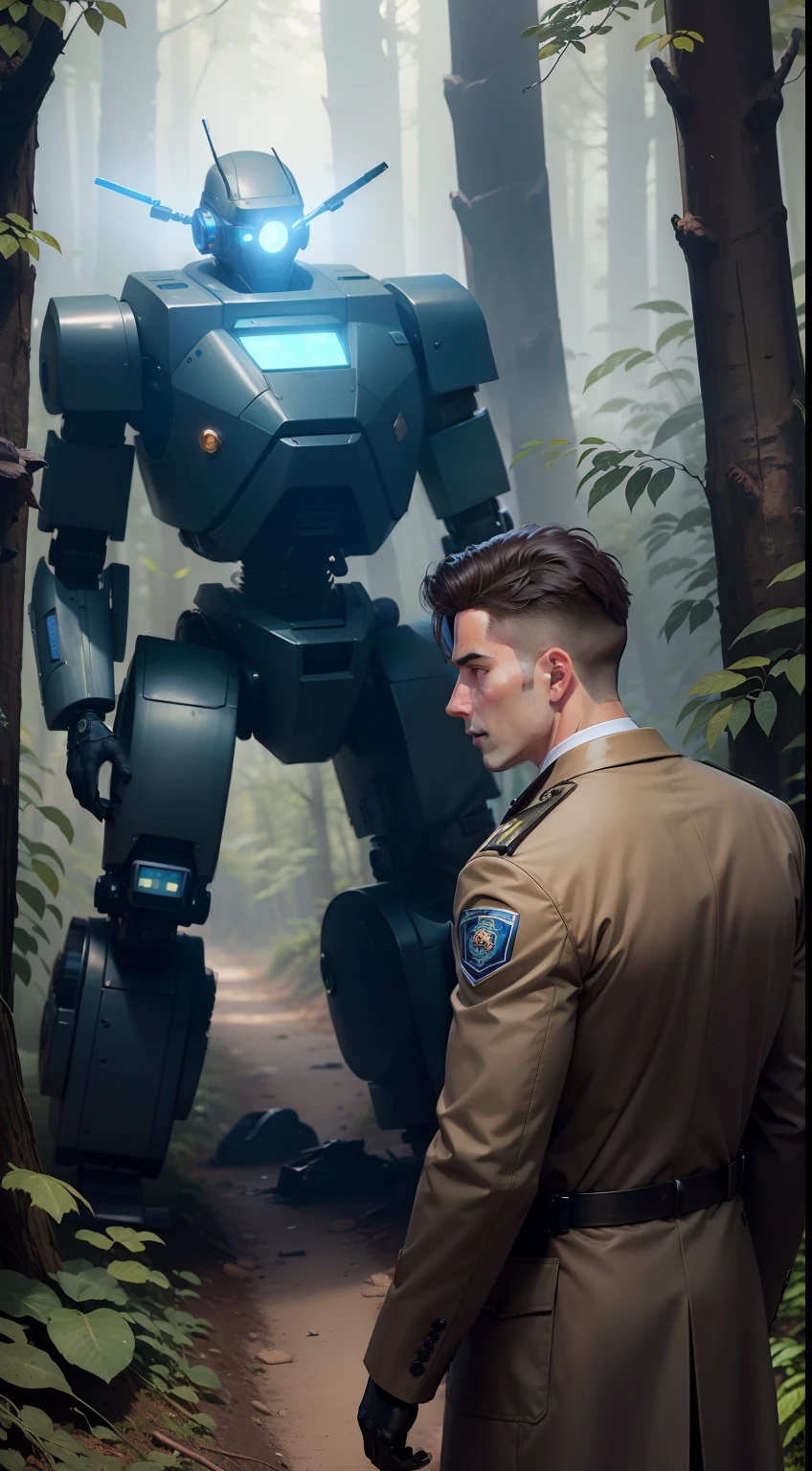 A male detective in brown coat, and a male police officer in blue uniform, surrounded by robots, in a forest.