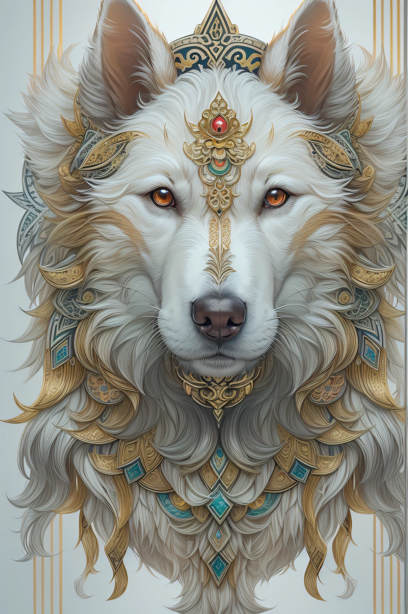 (White background:1.4),(Symmetrical:1.5),(Masterpiece dog head, Intermediate symmetry,  Oriental elements),（China - chic illustration:1.2, Vector painting:1.4),(Chinese colors,senior color matching),( reasonable design, Clear lines, High sharpness,Best quality, Very detailed, Masterpiece, offcial art, movie light effect, 4K )