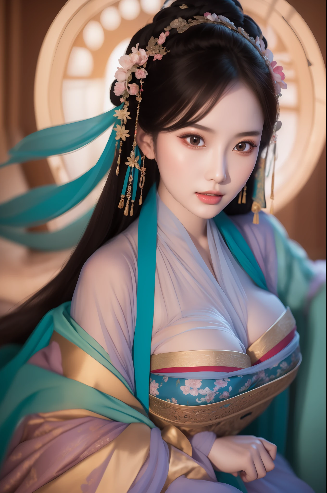 UHD, anatomically correct, super detail, high quality, best quality, 16k，Dunhuang mural style，Z Chinese woman in red and blue dress poses before full moon, a beautiful fantasy empress, trending on cgstation, Extremely detailed Artgerm, art by wlop, beautiful and seductive anime woman，Refined face，Delicate facial features，floating in air