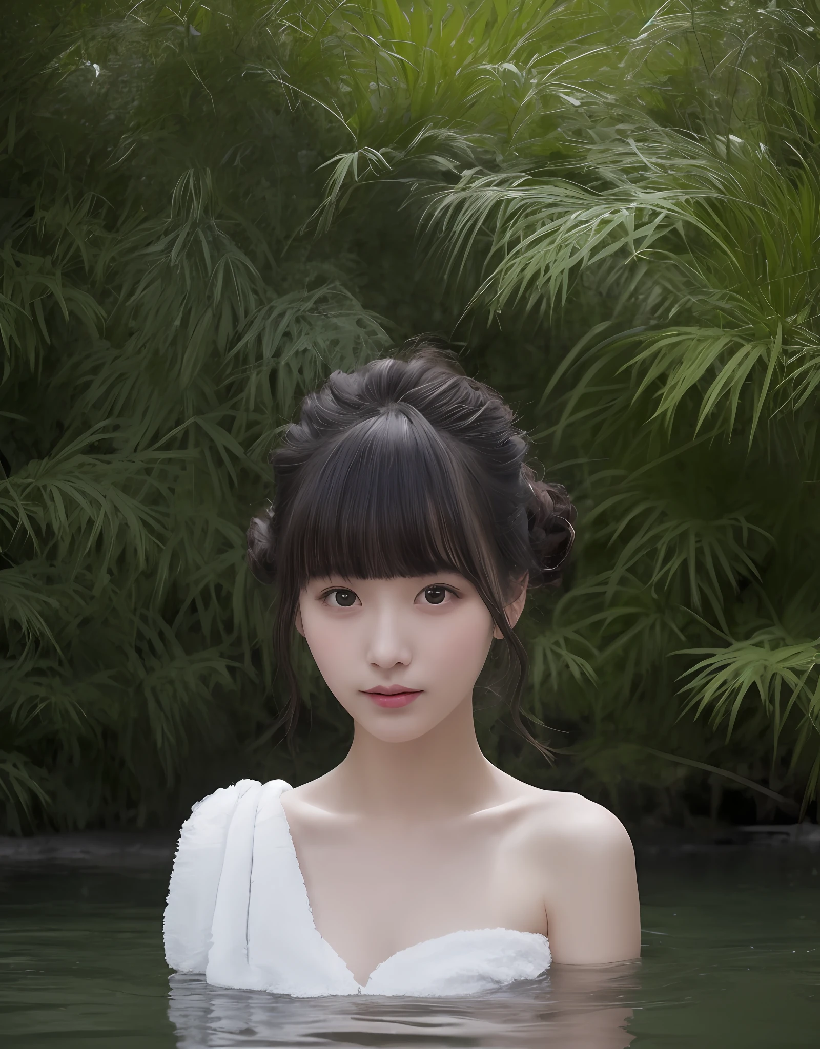 (kawaii:1.3),(Looking at Viewer:1),(Blurry background:1),(half updo:1.3),(Blunt bangs:1.3),(side locks:1.3),(:1.3) break She will soon be 20 years old, That's why she's celebrating her birthday in this calm and relaxed environment. She has a towel wrapped around her body, Her hair is a little damp from steam. Her hair is long, flowing, and dark brown. Her eyes are expressive、Conveys a sense of tranquility and joy. Hot springs surrounded by nature, Surrounded by lush vegetation and rock formations. The hot spring water has a muted blue hue. Steam creates a dreamy atmosphere, Add a touch of mystery to your scene