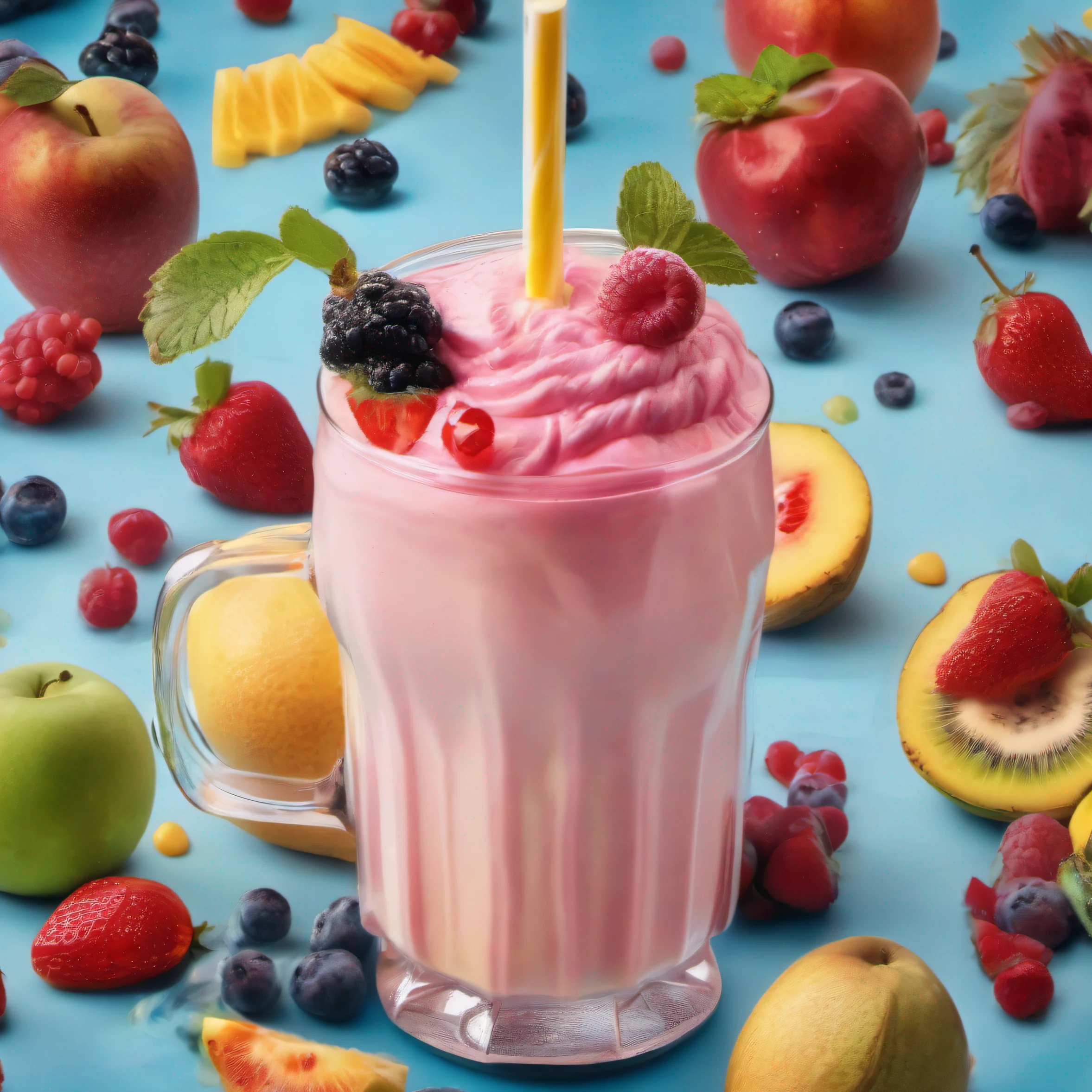 mixed fruit milkshake  hyper realistic, dramatic lighting