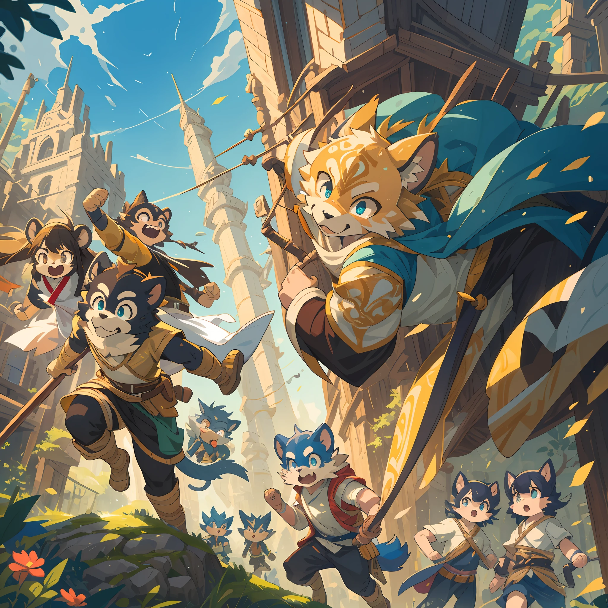 dynamic angle, top quality, best quality, High-quality illustrations, masterpiece, super high resolution, detailed background, detailed background, Monkey A Journey to the West, action, group shot:0.1, 6+boys, 6+girls, absurdres(highly detailed beautiful face and eyes)perfect anatomy, expression, good lighting, cinematic shadow(kemono, furry anthro),