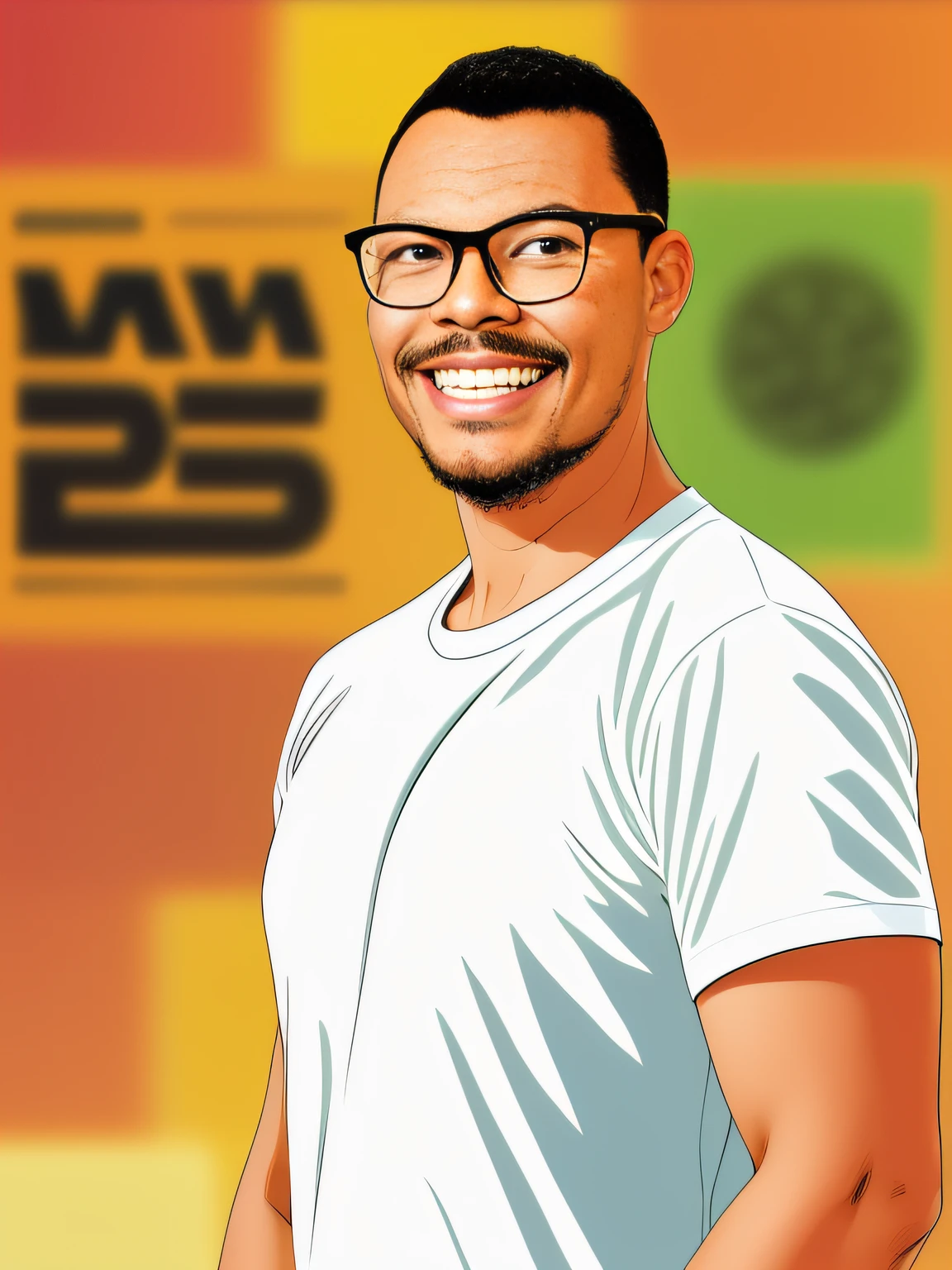 guttonervision8, 2d illustration of man, light-skinned, wearing glasses, smiling, black t-shirt, front view, looking directly at viewer, short hair, brown eyes, cartoon style, comic book background, blur background