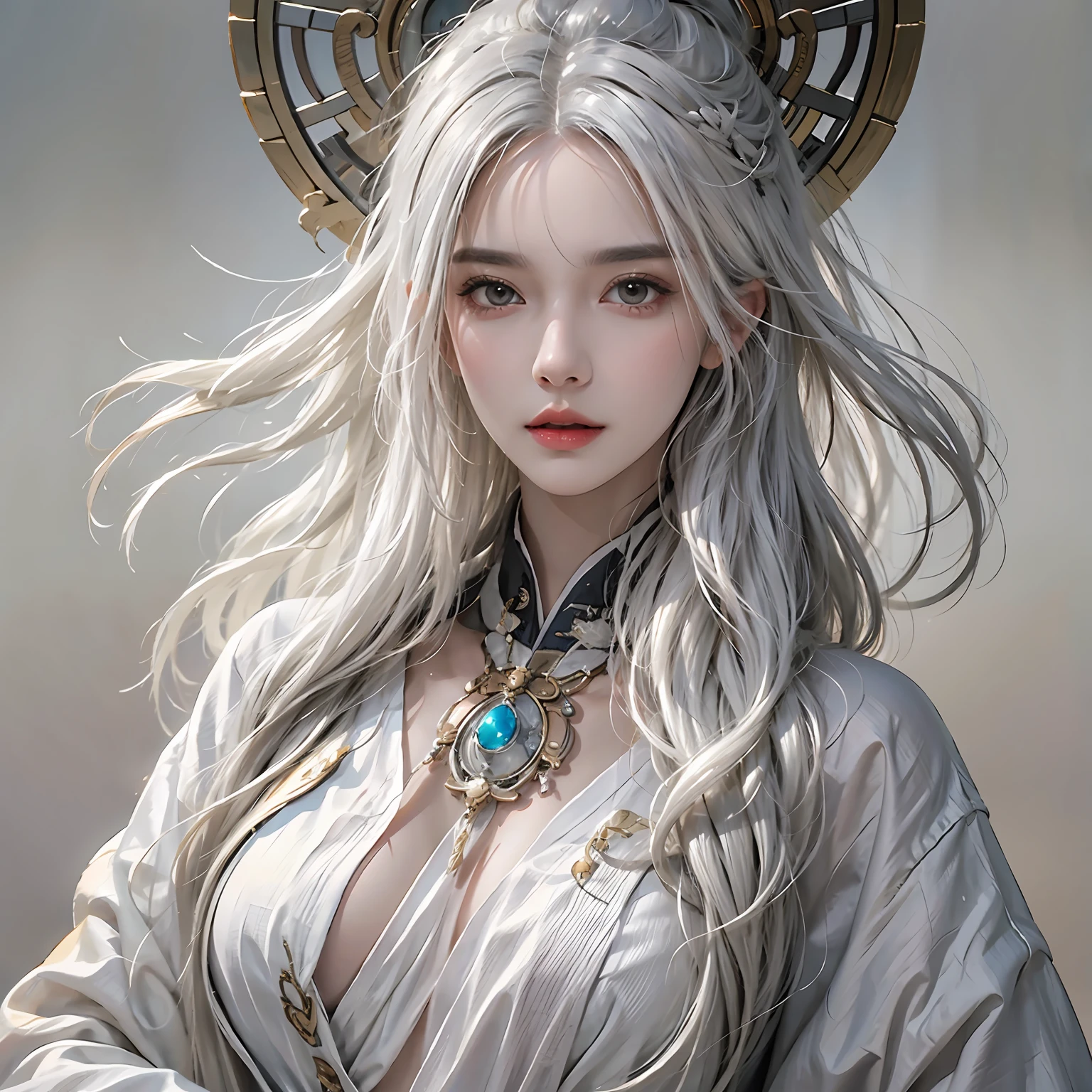 photorealistic, high resolution, 1women, solo, hips up, look at viewer, (detailed face), white hair, long hair, Taoist robe,oversized clothes, jewelry