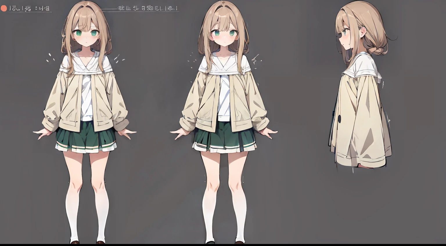 ((masterpiece)),(((best quality))),(character design sheet,same character,front,side,back), Reference sheet of a cute girl, long dark brown hair, with bangs, peekaboo blonde hair, green eyes, korean cute fashion clothes with short skirt , detailed face, detailed hair, (simple background, white background: 1.3)