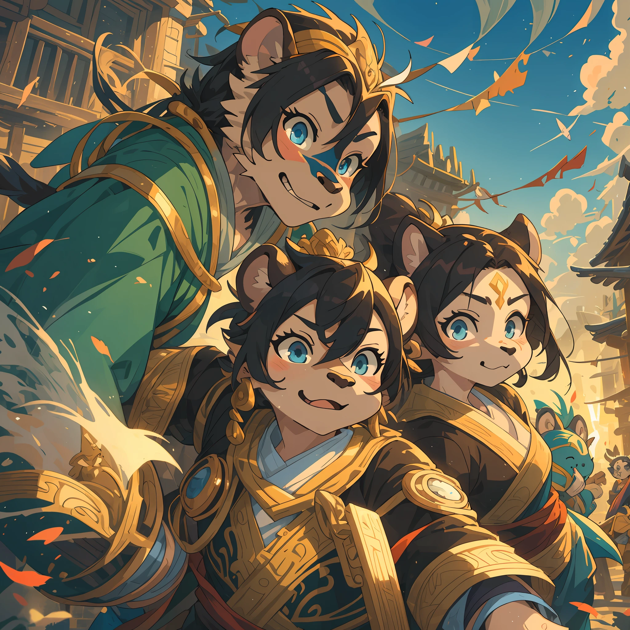 dynamic angle, top quality, best quality, High-quality illustrations, masterpiece, super high resolution, detailed background, detailed background, Monkey A Journey to the West, action, group shot:0.1, 6+boys, 6+girls, absurdres(highly detailed beautiful face and eyes)perfect anatomy, expression, good lighting, cinematic shadow(kemono, furry anthro),
