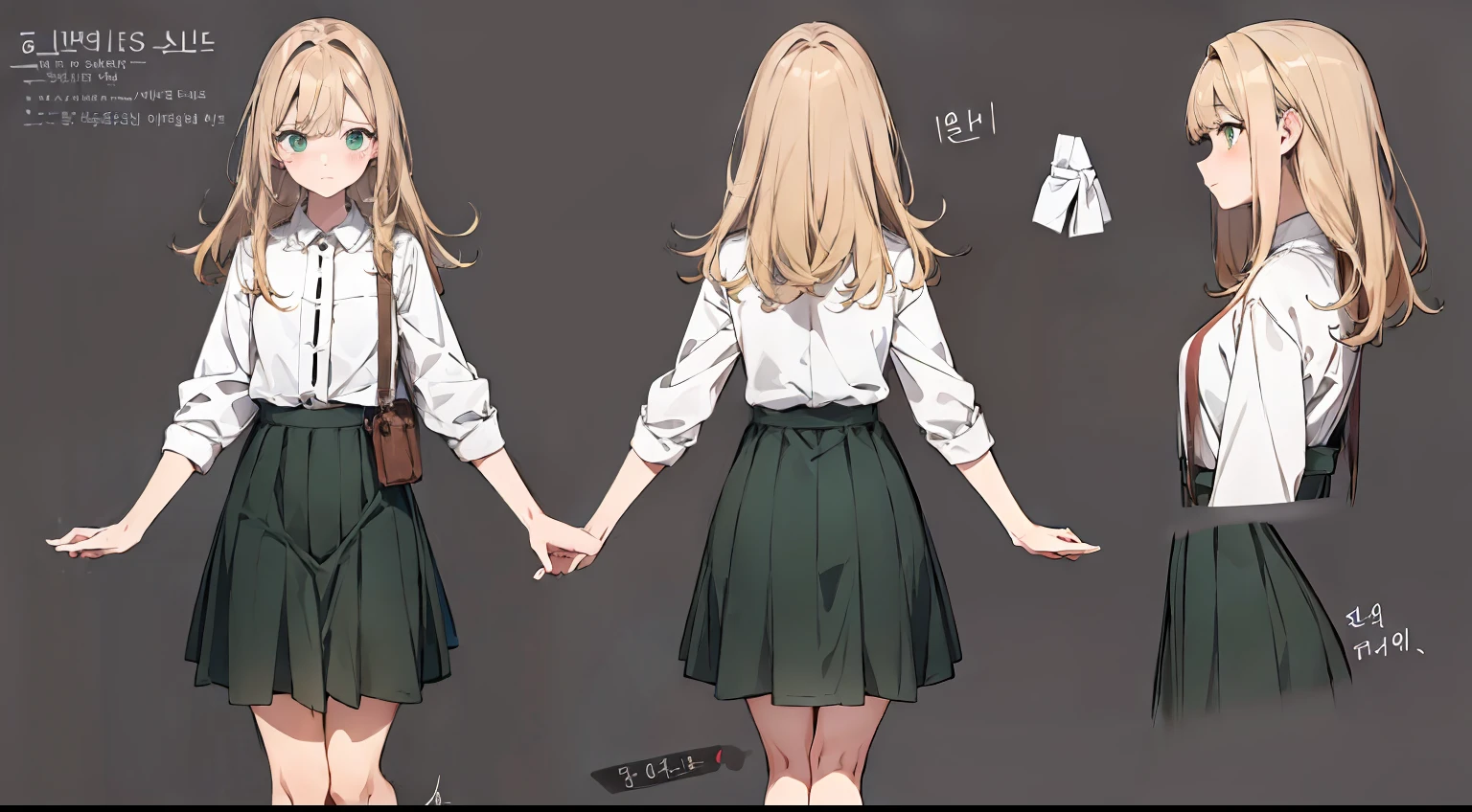 ((masterpiece)),(((best quality))),(character design sheet,same character,front,side,back), Reference sheet of a cute girl, long dark brown hair, with bangs, peekaboo blonde hair, green eyes, korean cute fashion clothes with short skirt , detailed face, detailed hair, (simple background, white background: 1.3)