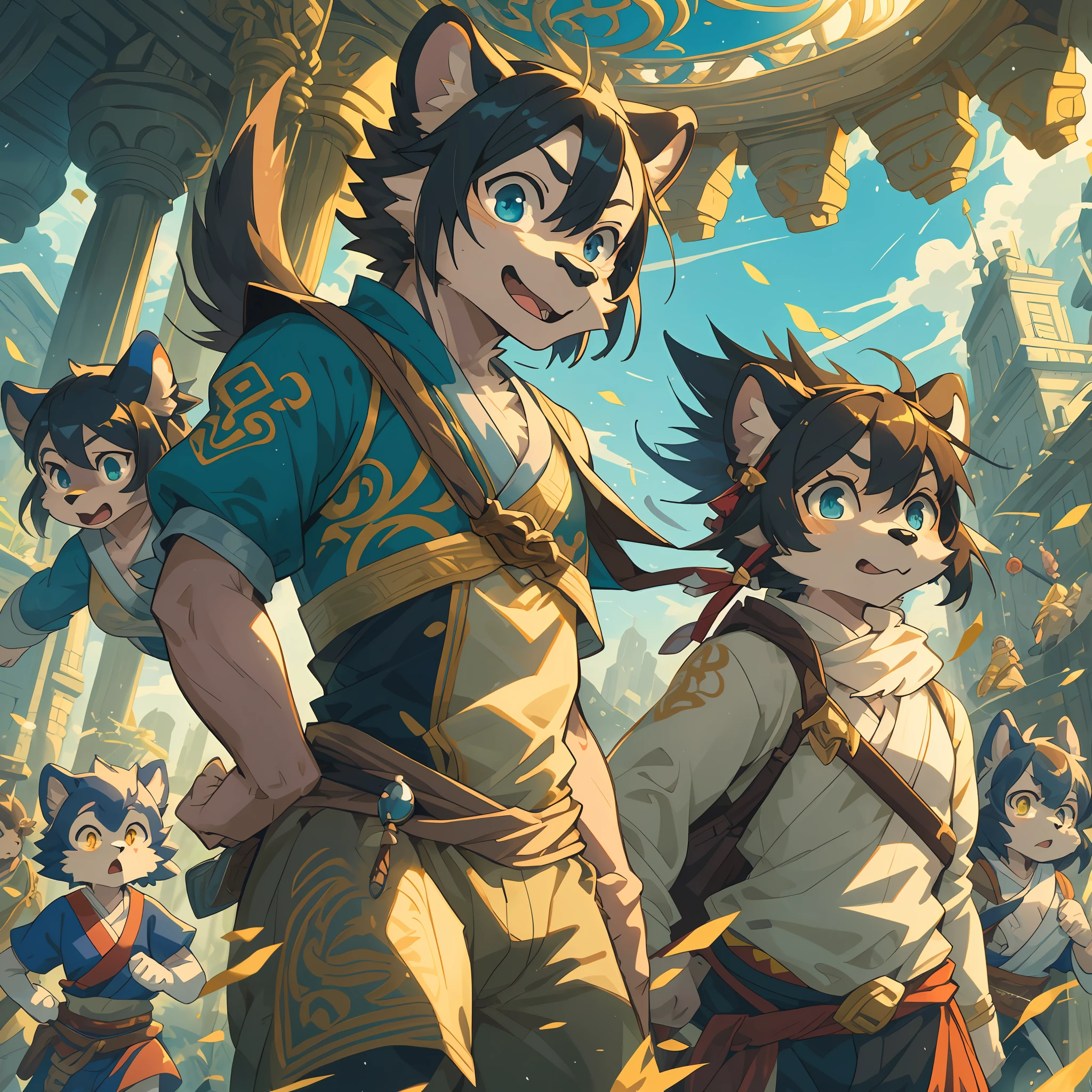 dynamic angle, top quality, best quality, High-quality illustrations, masterpiece, super high resolution, detailed background, detailed background, Monkey A Journey to the West, action, group shot:0.1, 6+boys, 6+girls, absurdres(highly detailed beautiful face and eyes)perfect anatomy, expression, good lighting, cinematic shadow(kemono, furry anthro),