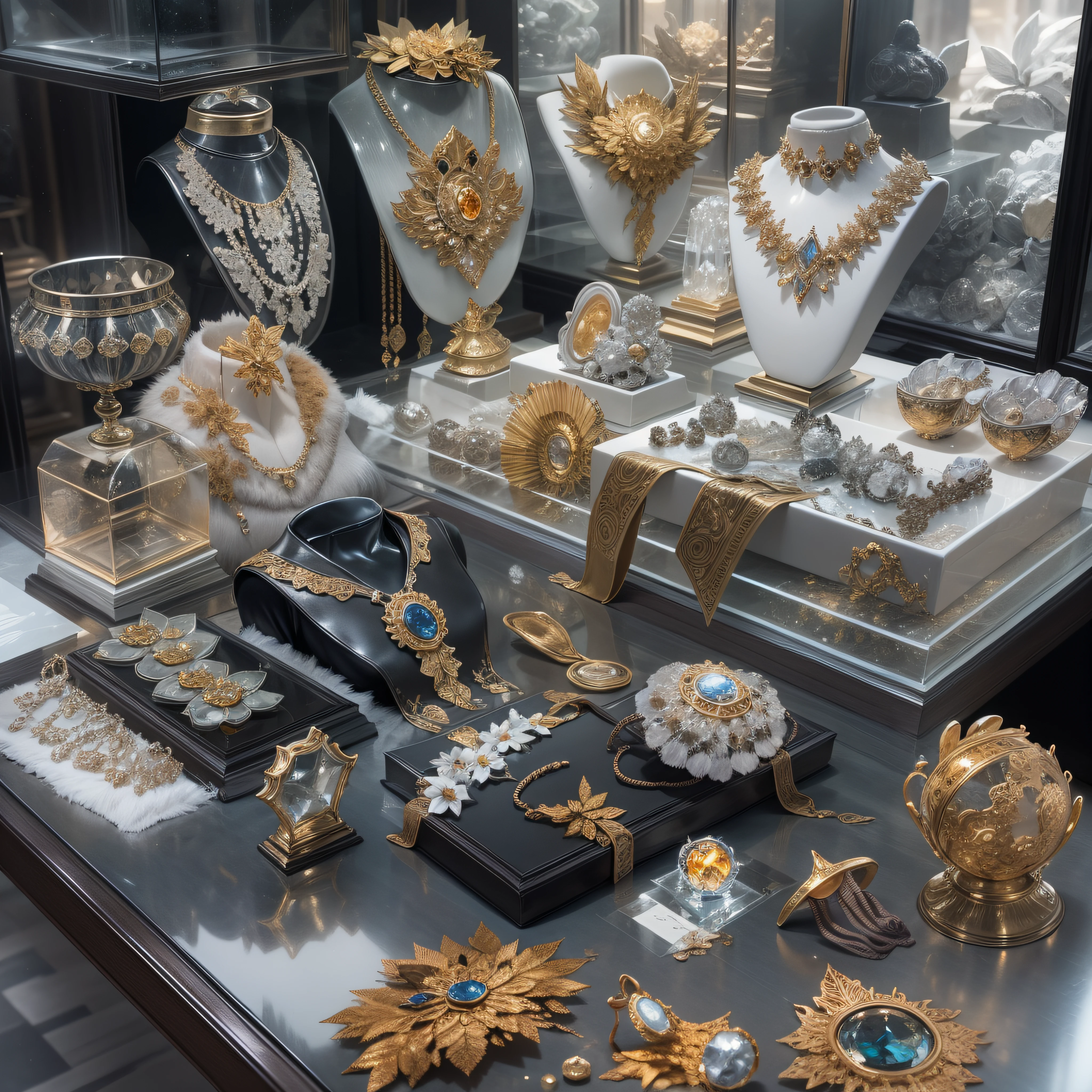Black and white color scheme,(Full Focus),Antiques in display cases,Jewelry in display case,Crystal gemstones in display case,Gold and silver products,magic item,Magic light particle effect,High-tech luxury, High-value jewelry,,High-value metals,luxury goods,Puzzles are prohibited, Detailed and complex background, glittery, reflective light, hyper HD, Award-Awarded, A high resolution, High detail, Chiaroscuro, Cinematic lighting, Masterpiece, Ray traching,structurally correct, Super detail, High quality, High details, Best quality, 16k