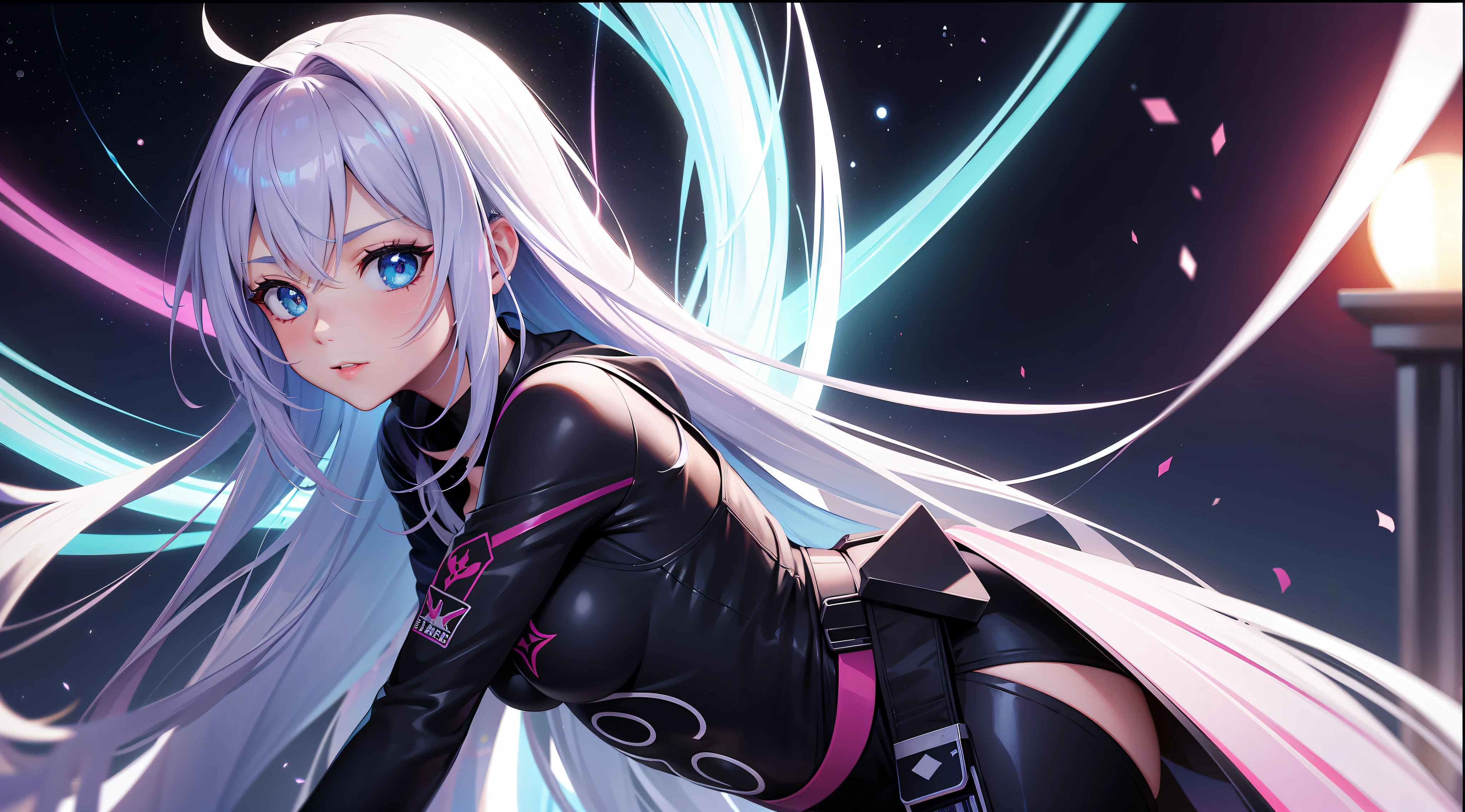 Mulher ninja com fone de ouvido sentido paz, olhos brilhantes com estrela, rosto bonito, cores RGB, cabelo rosa brilhante, colorido anime, fundo brilhante, Banner for youtube video, menina feliz, nuvens com cores RGB, cores RGB brilhantes, completo, ser celestial, garota gamer..