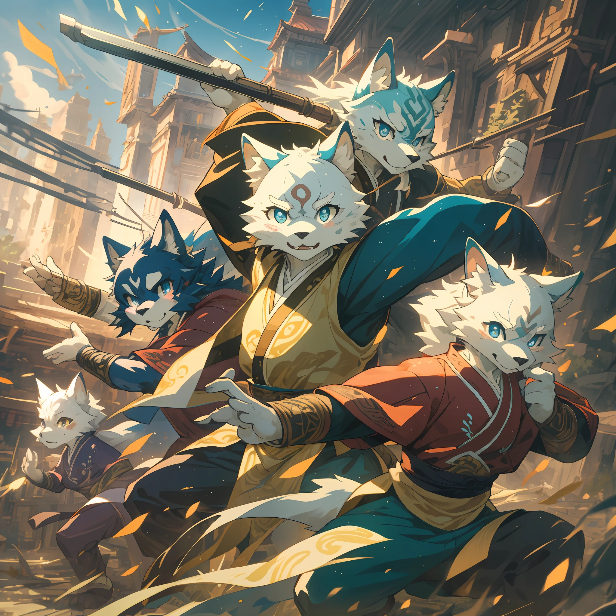 dynamic angle, top quality, best quality, High-quality illustrations, masterpiece, super high resolution, detailed background, detailed background, kung fu film, action, group shot:0.1, 6+boys, 6+girls, absurdres(highly detailed beautiful face and eyes)perfect anatomy, expression, good lighting, cinematic shadow(kemono, furry anthro),