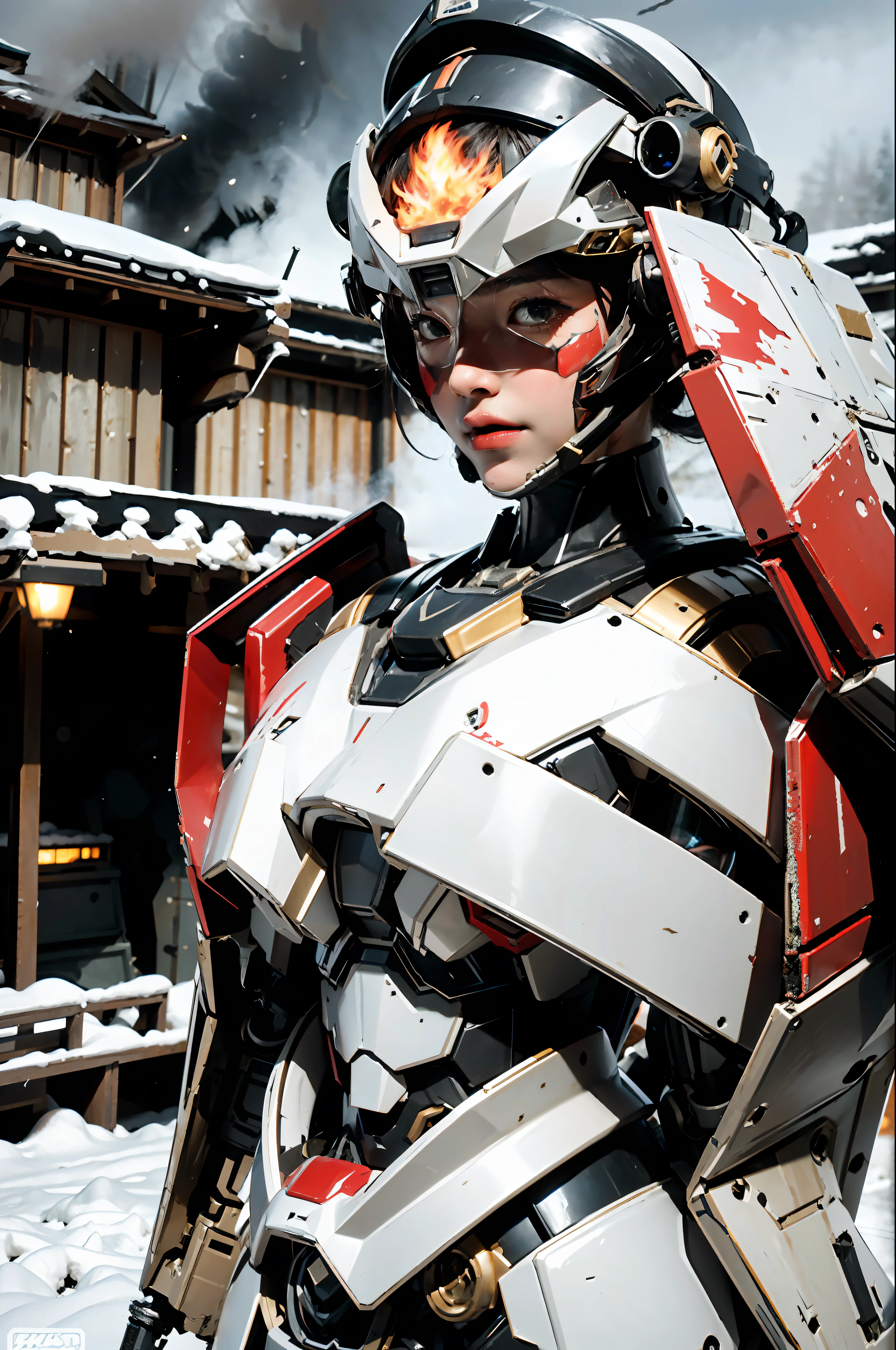 1 girl,mecha musume, mechanical parts, super robot joints, full armor,headgear, Hakodate: The winter night view of Hakodate is unforgettable. Overlooking from Mount Hakodate, the city lights flicker in the snow, like flames burning in the winter night sky.,Misty morning on a peaceful countryside farm, Resistance Base in the Crait system: In this base, members of the Resistance are preparing to evacuate in a tense atmosphere. Chaos and anxiety fill the air as fighters and equipment are quickly loaded onto transport ships, and faces are filled with determination and resolve.