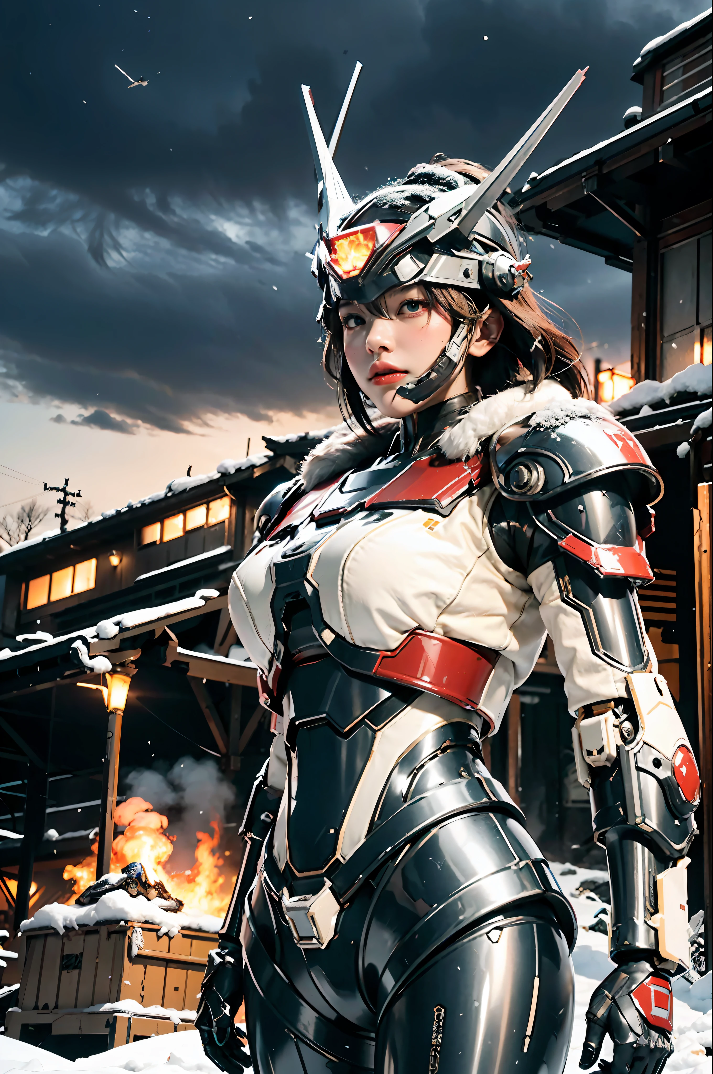 1 girl,mecha musume, mechanical parts, super robot joints, full armor,headgear, Hakodate: The winter night view of Hakodate is unforgettable. Overlooking from Mount Hakodate, the city lights flicker in the snow, like flames burning in the winter night sky.,Misty morning on a peaceful countryside farm, Resistance Base in the Crait system: In this base, members of the Resistance are preparing to evacuate in a tense atmosphere. Chaos and anxiety fill the air as fighters and equipment are quickly loaded onto transport ships, and faces are filled with determination and resolve.