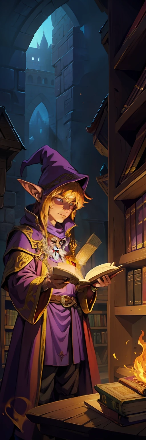 medieval fantasy illustration, higher quality, goblin wizard making fire on the hand, purple and golden clothes, on a library, dark and shade